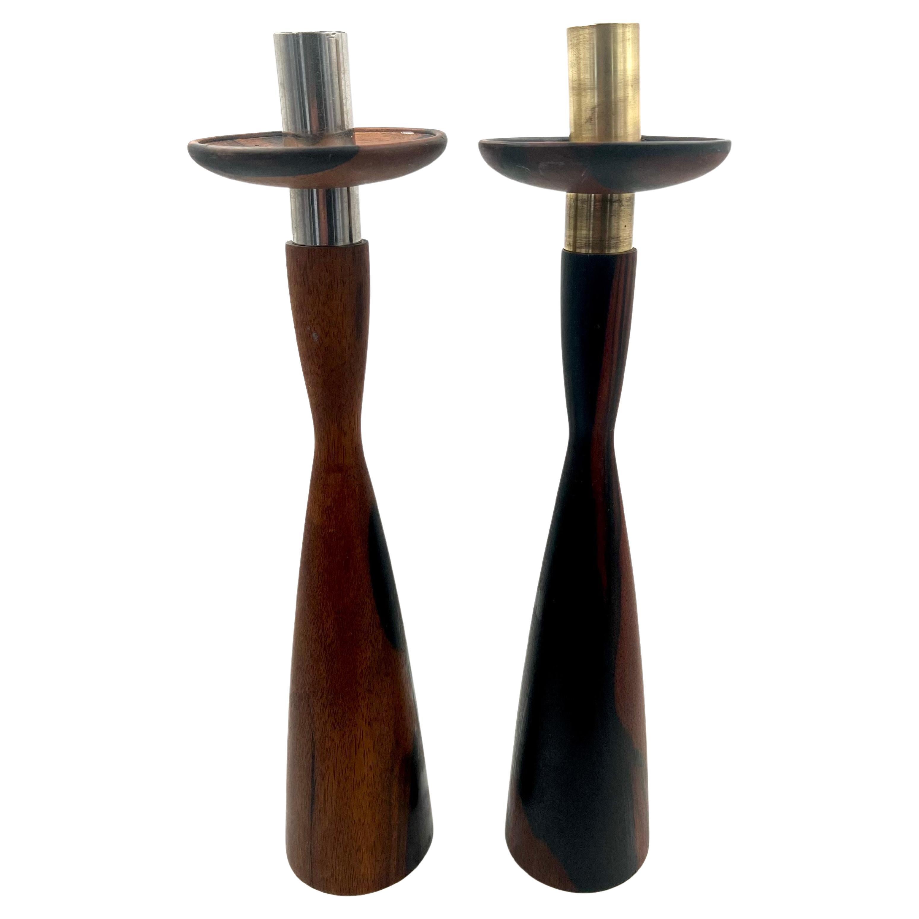 Majestic Solid Rosewood Tall Candle Holders Danish Modern For Sale