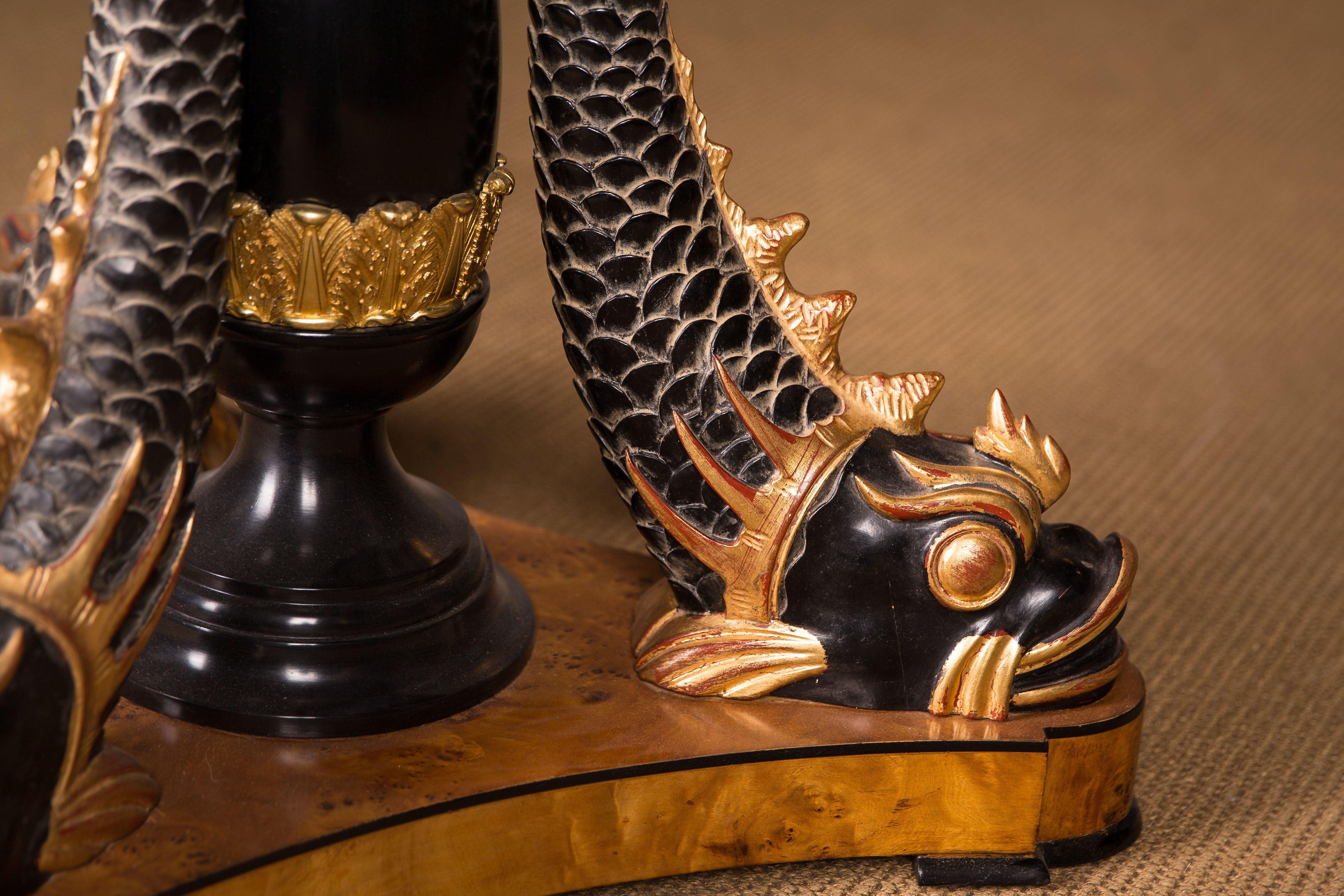 French Majestic Table with Dolphins in the Antique Empire Style Birdseye maple carved For Sale