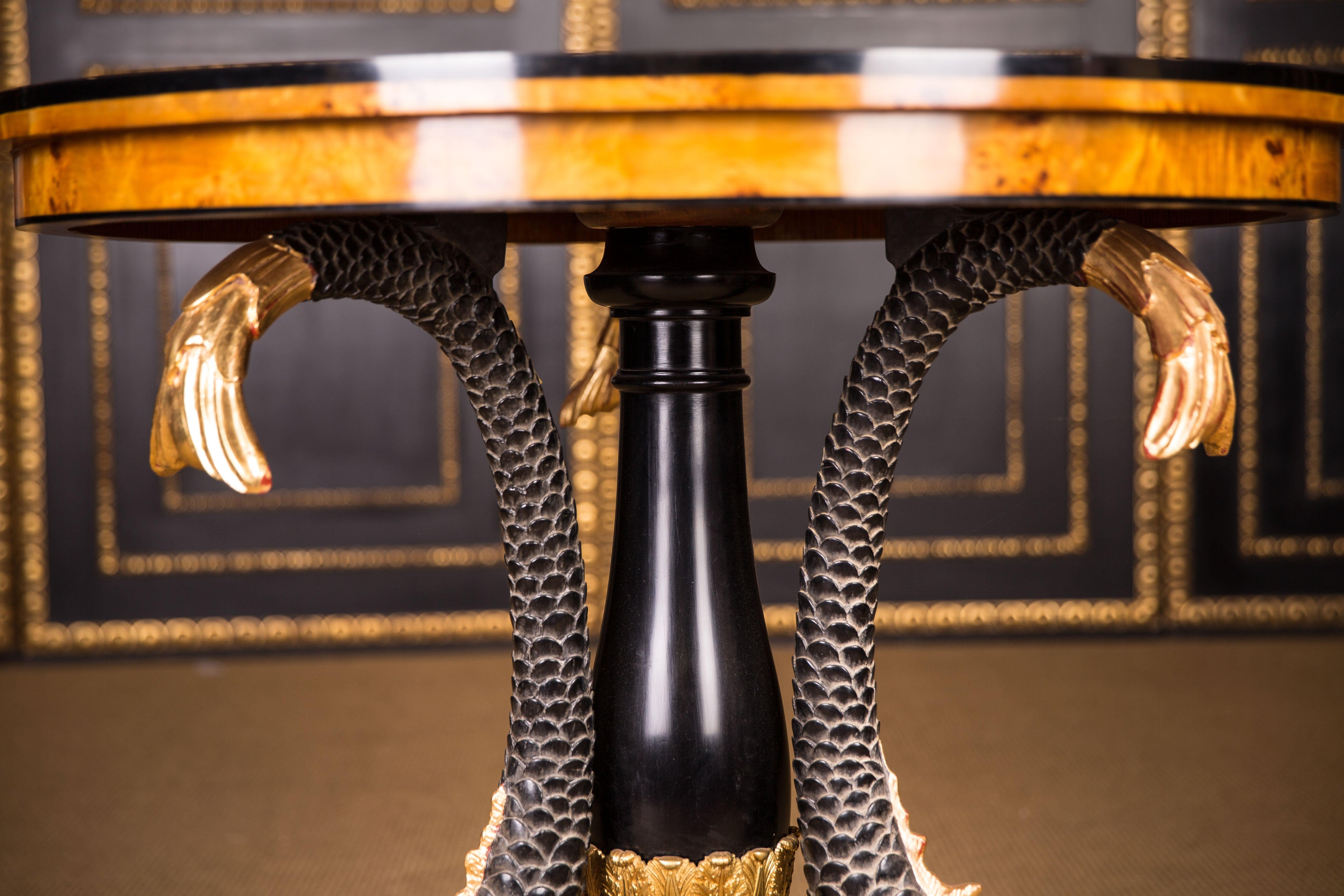 19th Century Majestic Table with Dolphins in the Antique Empire Style Birdseye maple carved For Sale