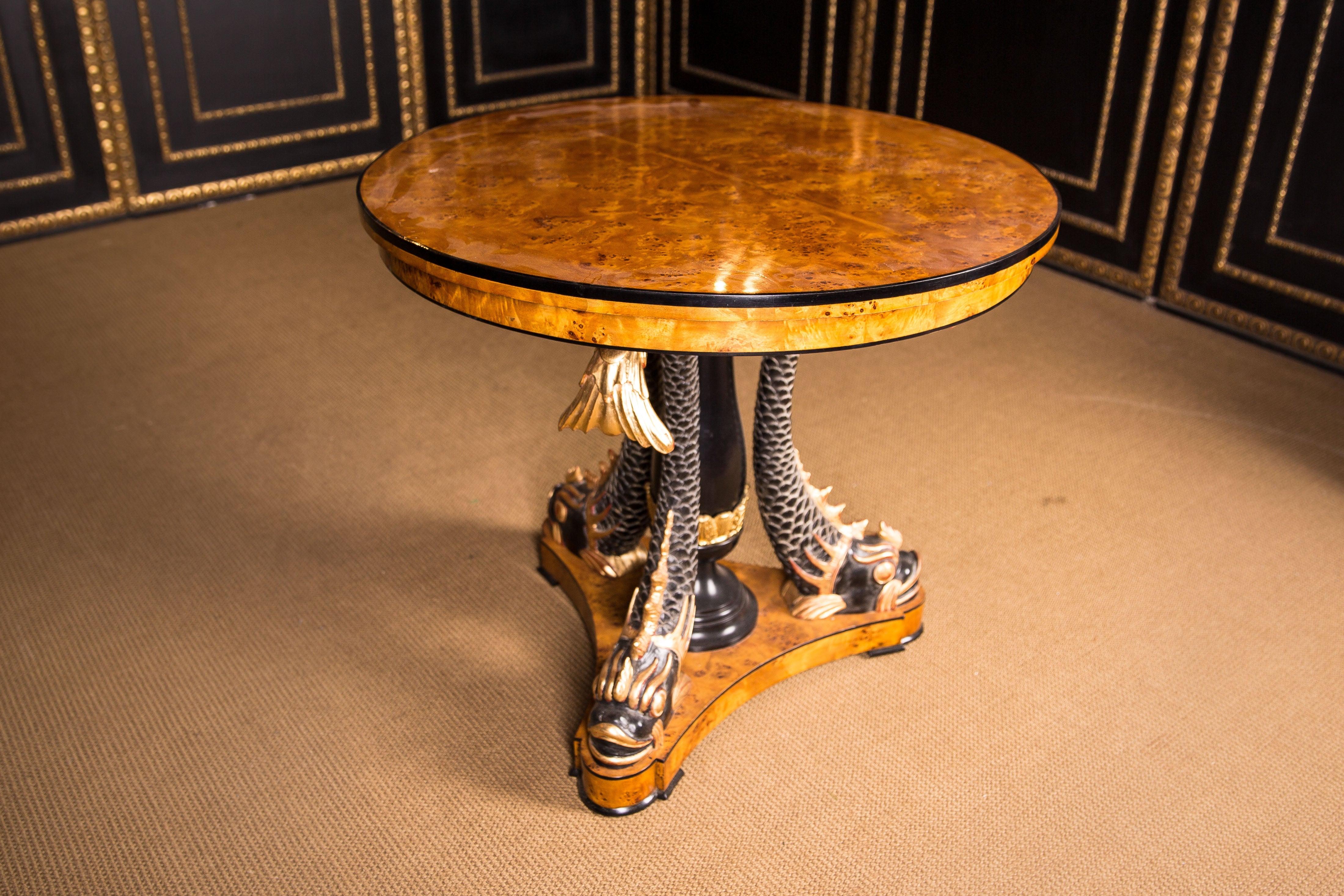 Majestic Table with Dolphins in the Antique Empire Style Birdseye maple carved For Sale 1