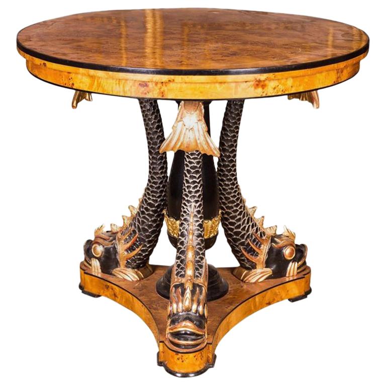 Majestic Table with Dolphins in the Antique Empire Style Birdseye maple carved For Sale
