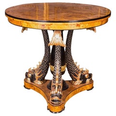 Majestic Table with Dolphins in the Antique Empire Style Birdseye maple carved