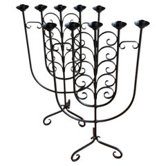 Majestic Tall Antique Wrought Iron Hand Forged Pair of Candelabras