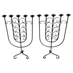 Majestic Tall Antique Wrought Iron Hand Forged Pair of Candelabras
