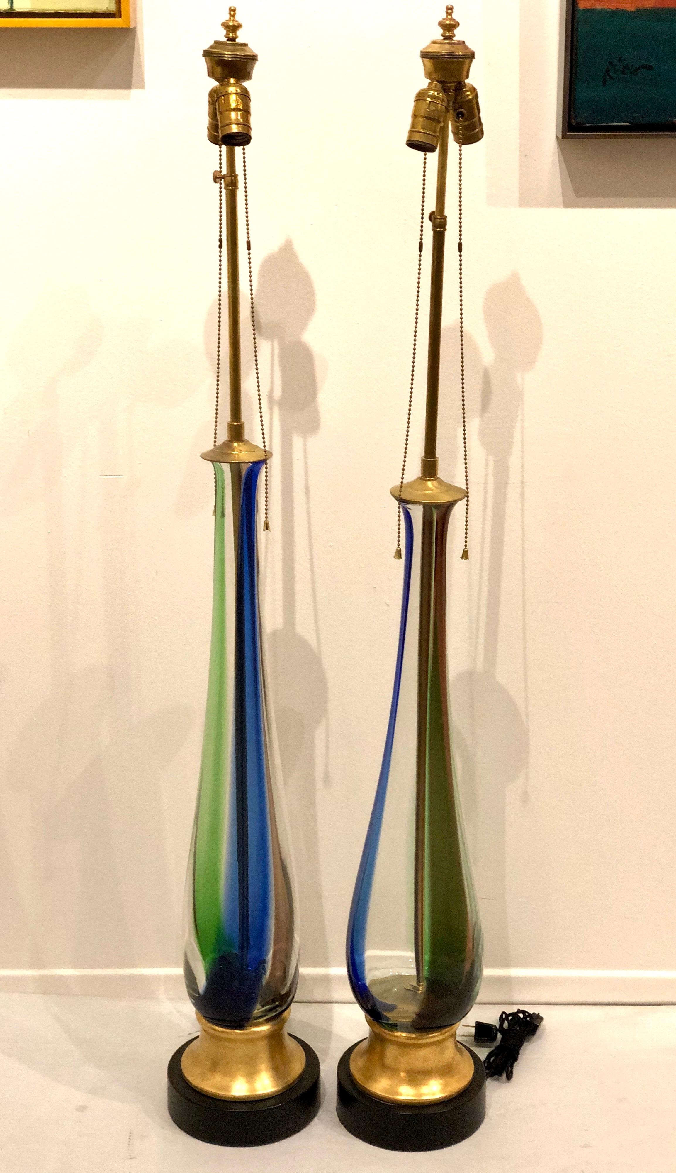 Majestic Tall Pair of Murano Striped Table Lamps by Venini In Excellent Condition In San Diego, CA