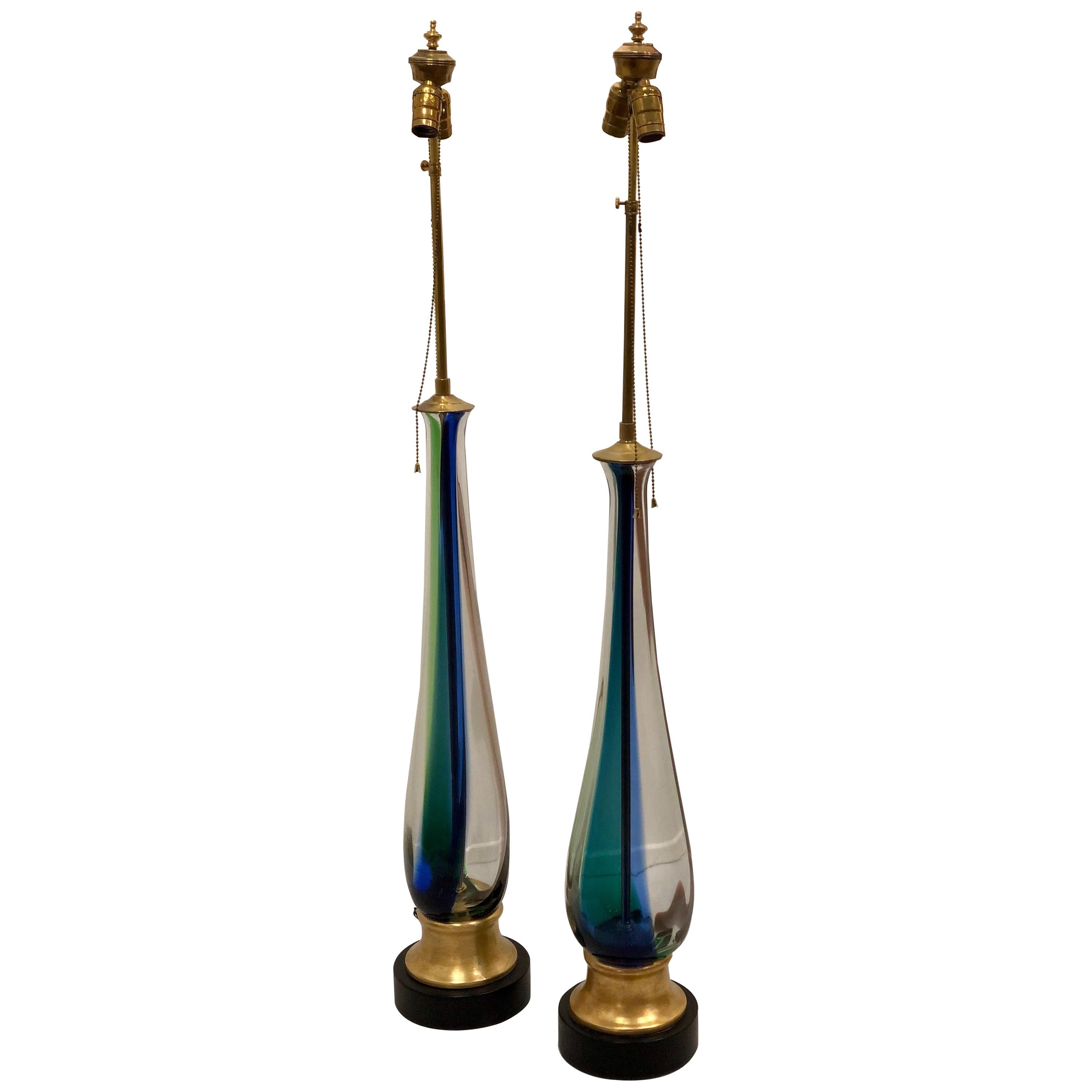 Majestic Tall Pair of Murano Striped Table Lamps by Venini