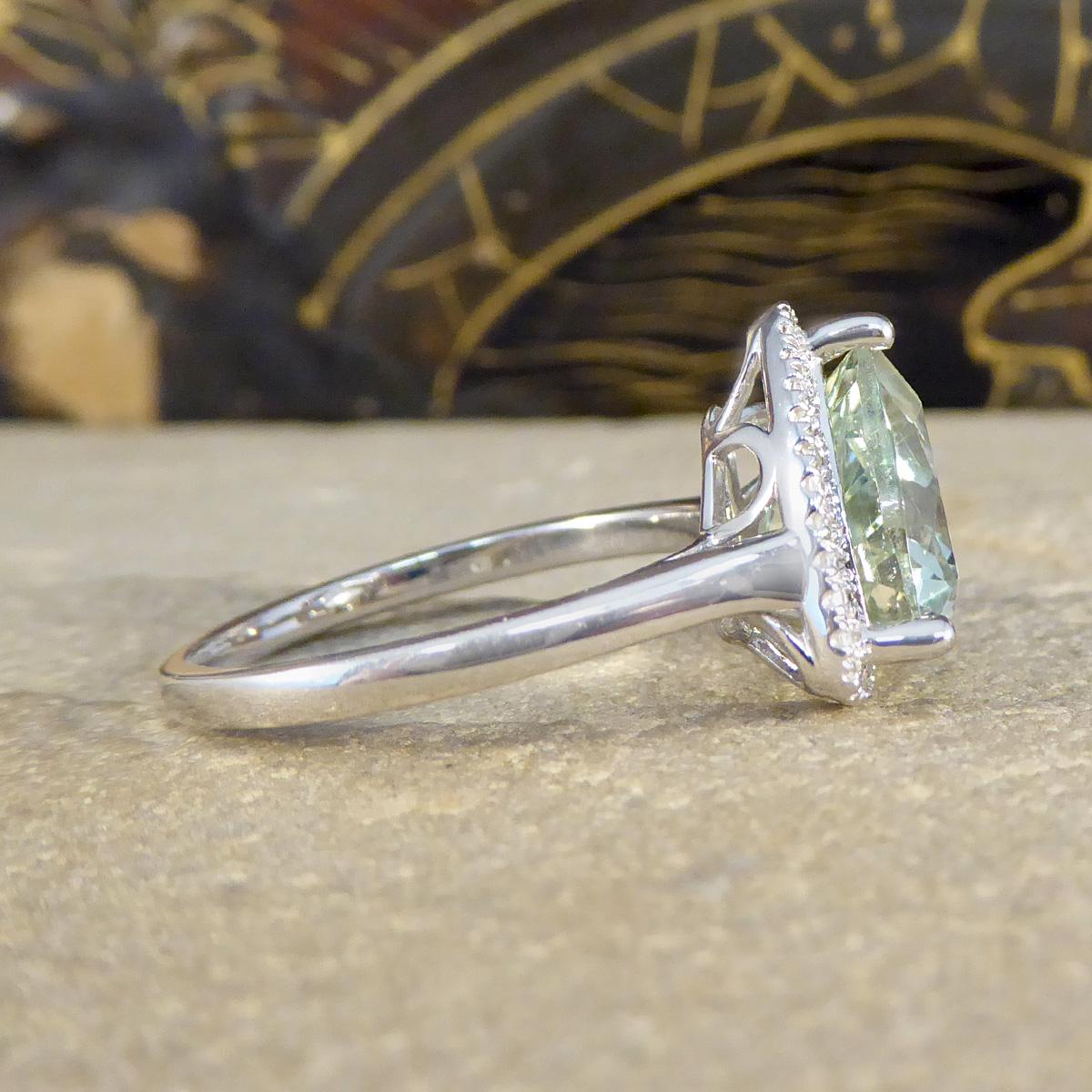 Modern Majestic Trillion Cut Green Amethyst and Diamond Halo Dress Ring in White Gold