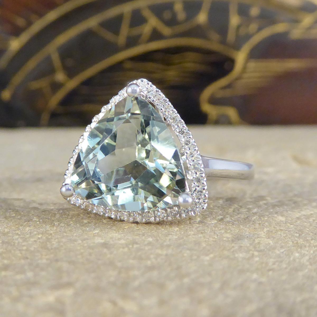 Women's or Men's Majestic Trillion Cut Green Amethyst and Diamond Halo Dress Ring in White Gold