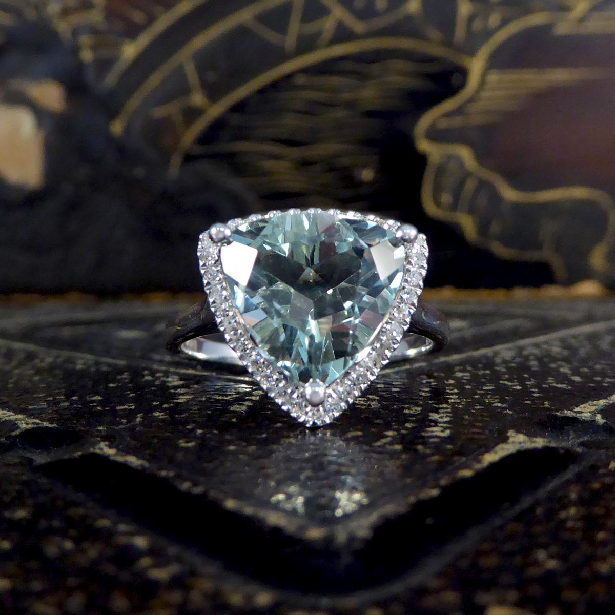 Majestic Trillion Cut Green Amethyst and Diamond Halo Dress Ring in White Gold 1
