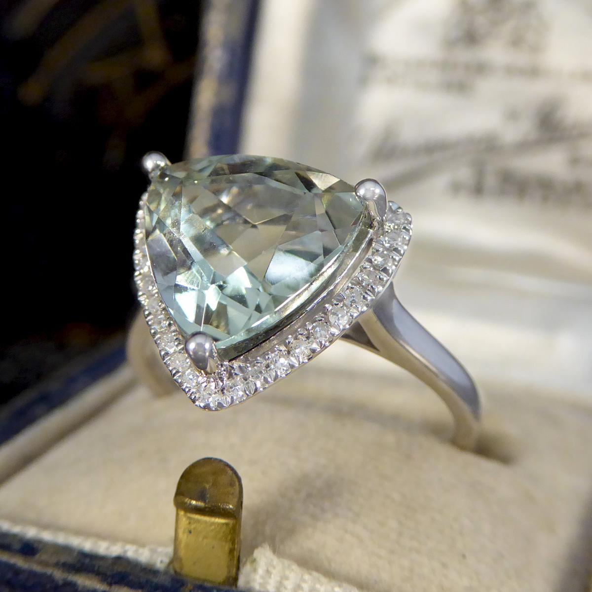Majestic Trillion Cut Green Amethyst and Diamond Halo Dress Ring in White Gold 3