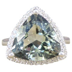 Majestic Trillion Cut Green Amethyst and Diamond Halo Dress Ring in White Gold