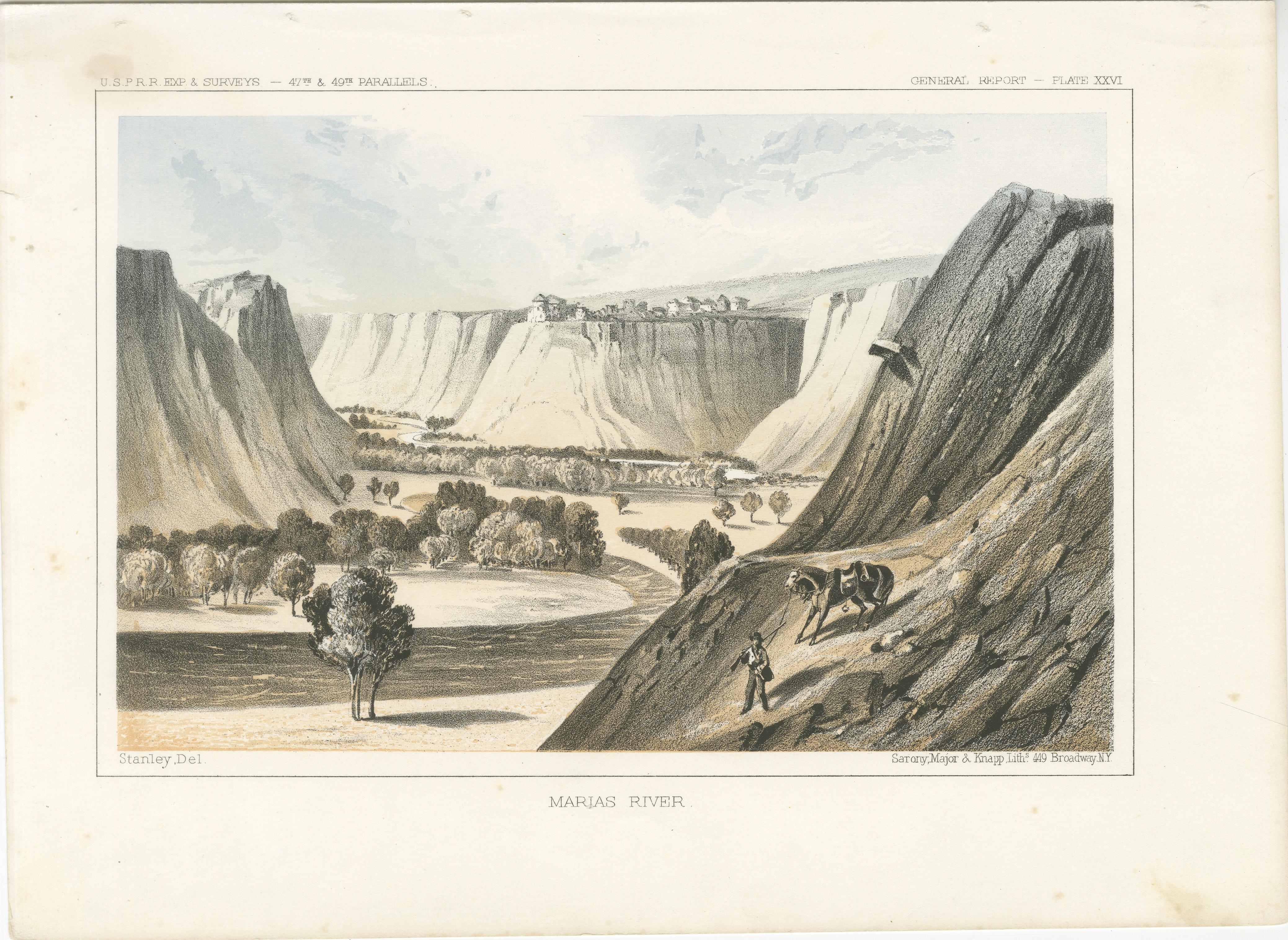 Vista Majestic del Canyon del fiume Marias - Litografia colorata a mano del XIX secolo

Questa splendida litografia colorata a mano del XIX secolo cattura una vista mozzafiato del canyon del fiume Marias. Le scogliere torreggianti e il fiume