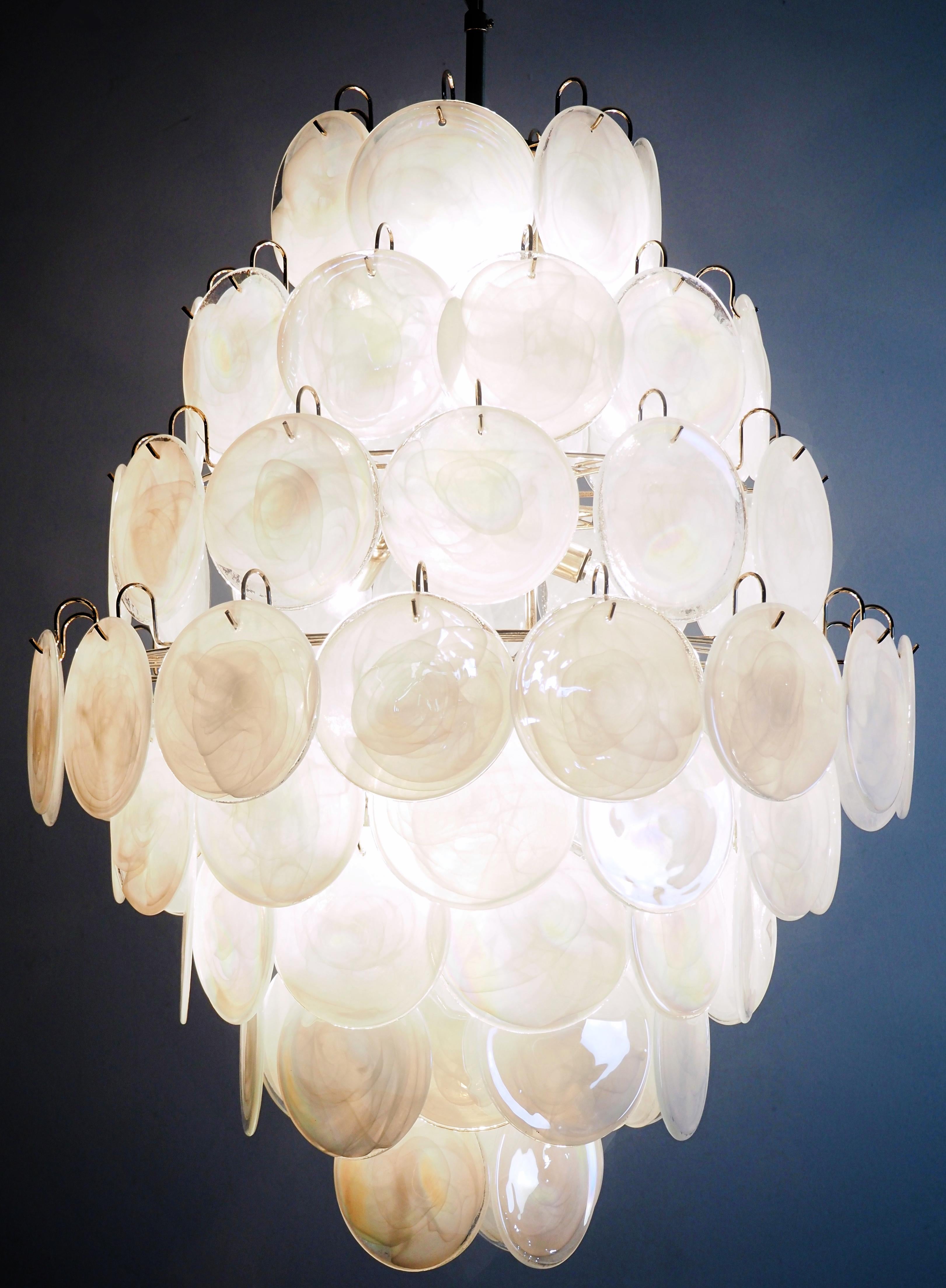 Pair Mid-Century Murano white alabaster disks chandeliers  For Sale 8