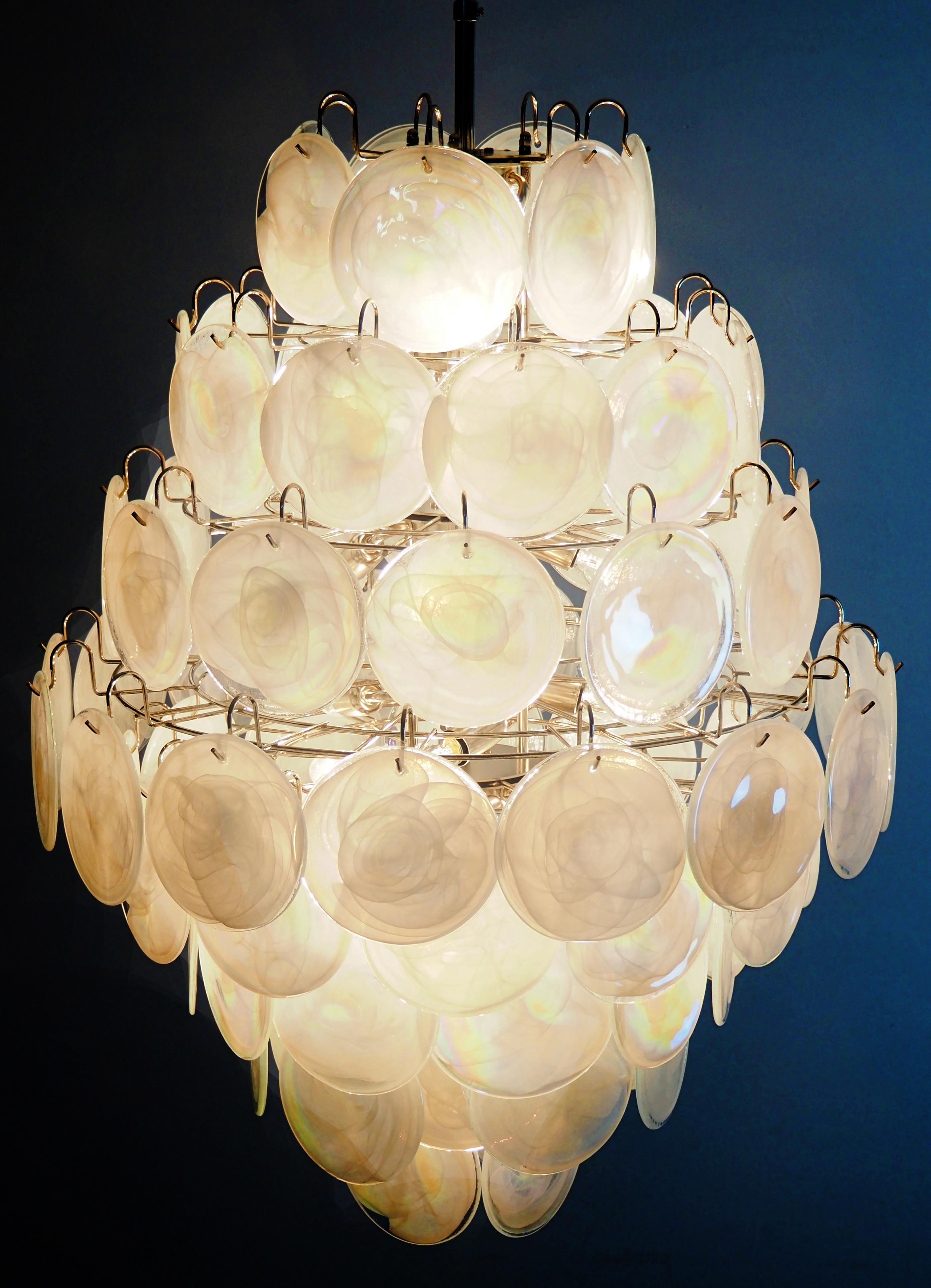 Pair Mid-Century Murano white alabaster disks chandeliers  For Sale 9