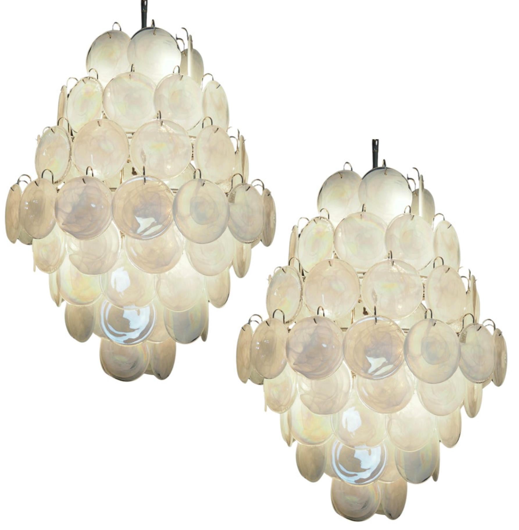 Pair Mid-Century Murano white alabaster disks chandeliers  For Sale
