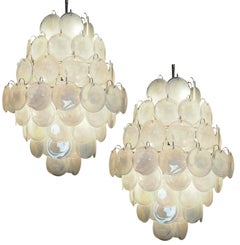 Retro Pair Mid-Century Murano white alabaster disks chandeliers 