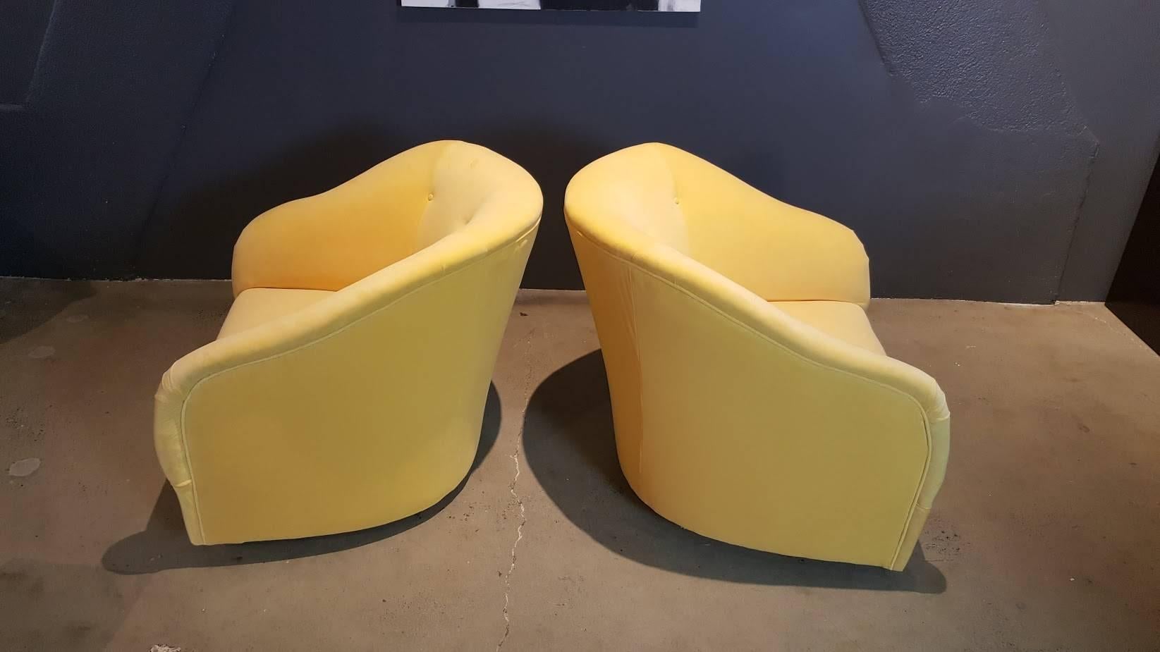 Mid-Century Modern Majestic Ward Bennett Swivel Chairs Fully Restored in Canary Yellow Velvet 1960s