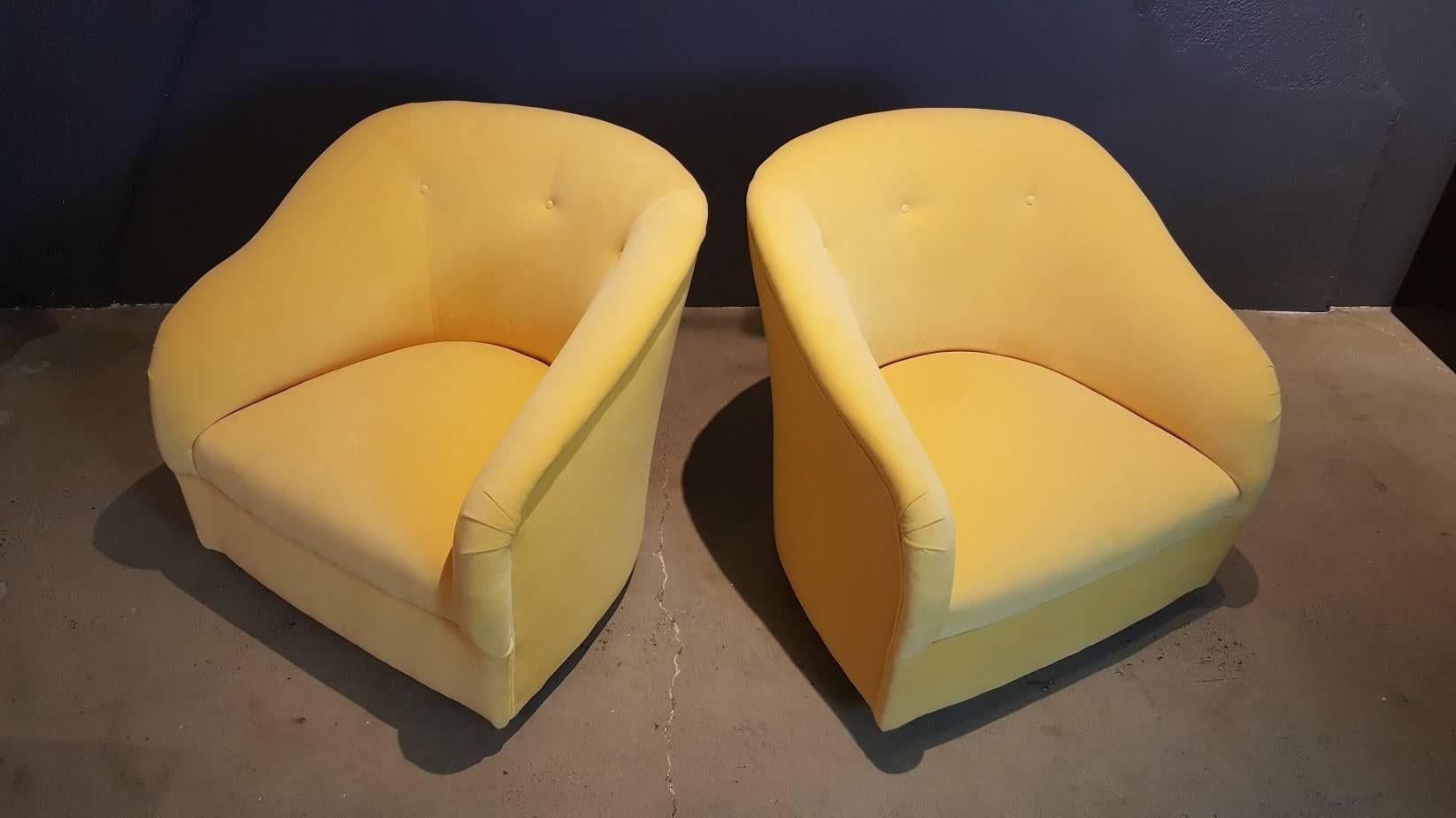 Mid-20th Century Majestic Ward Bennett Swivel Chairs Fully Restored in Canary Yellow Velvet 1960s