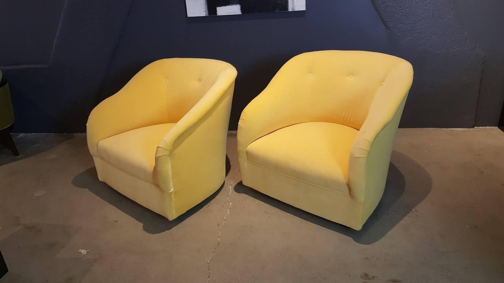 Majestic Ward Bennett Swivel Chairs Fully Restored in Canary Yellow Velvet 1960s 1