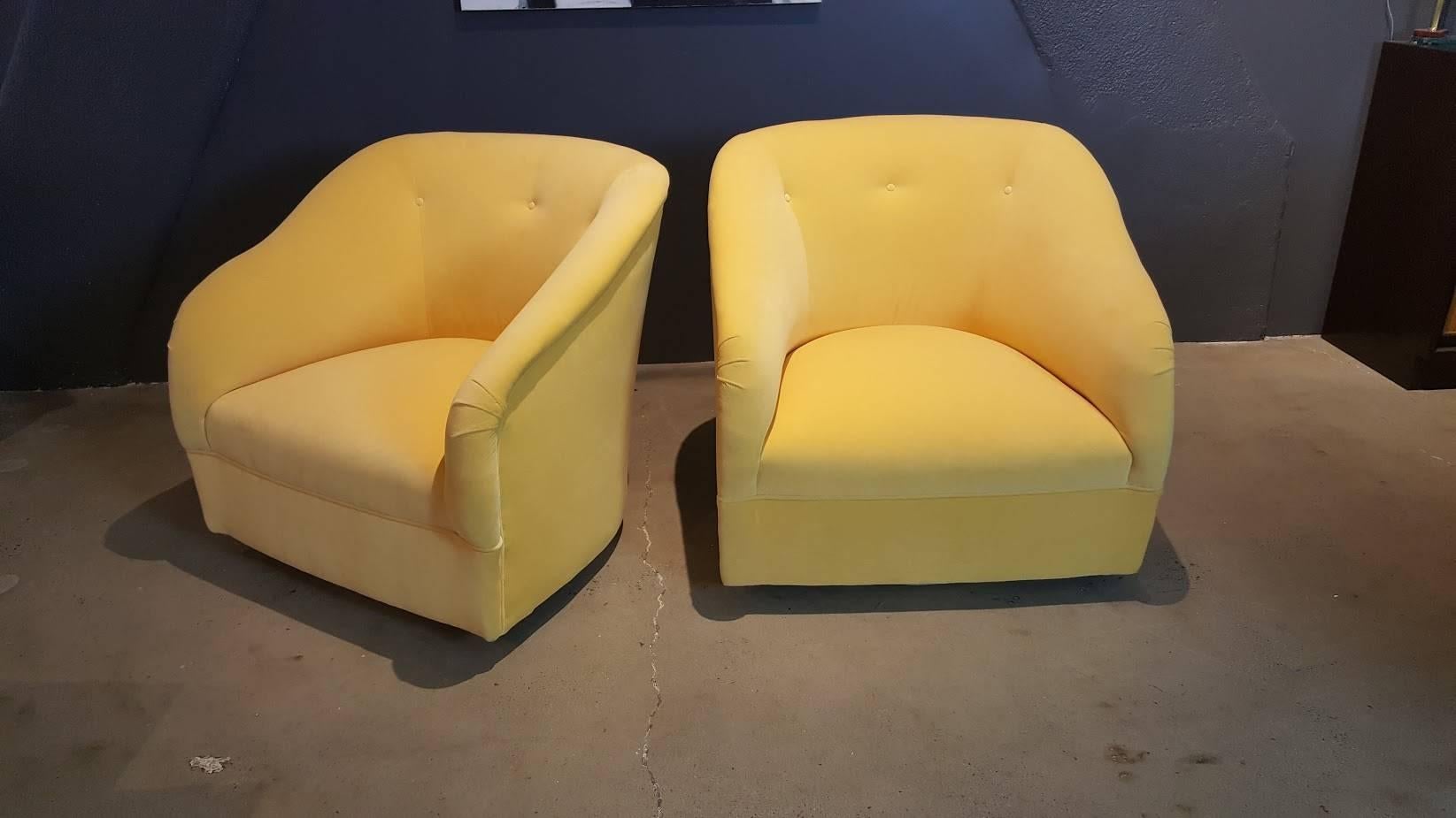Majestic Ward Bennett Swivel Chairs Fully Restored in Canary Yellow Velvet 1960s 2