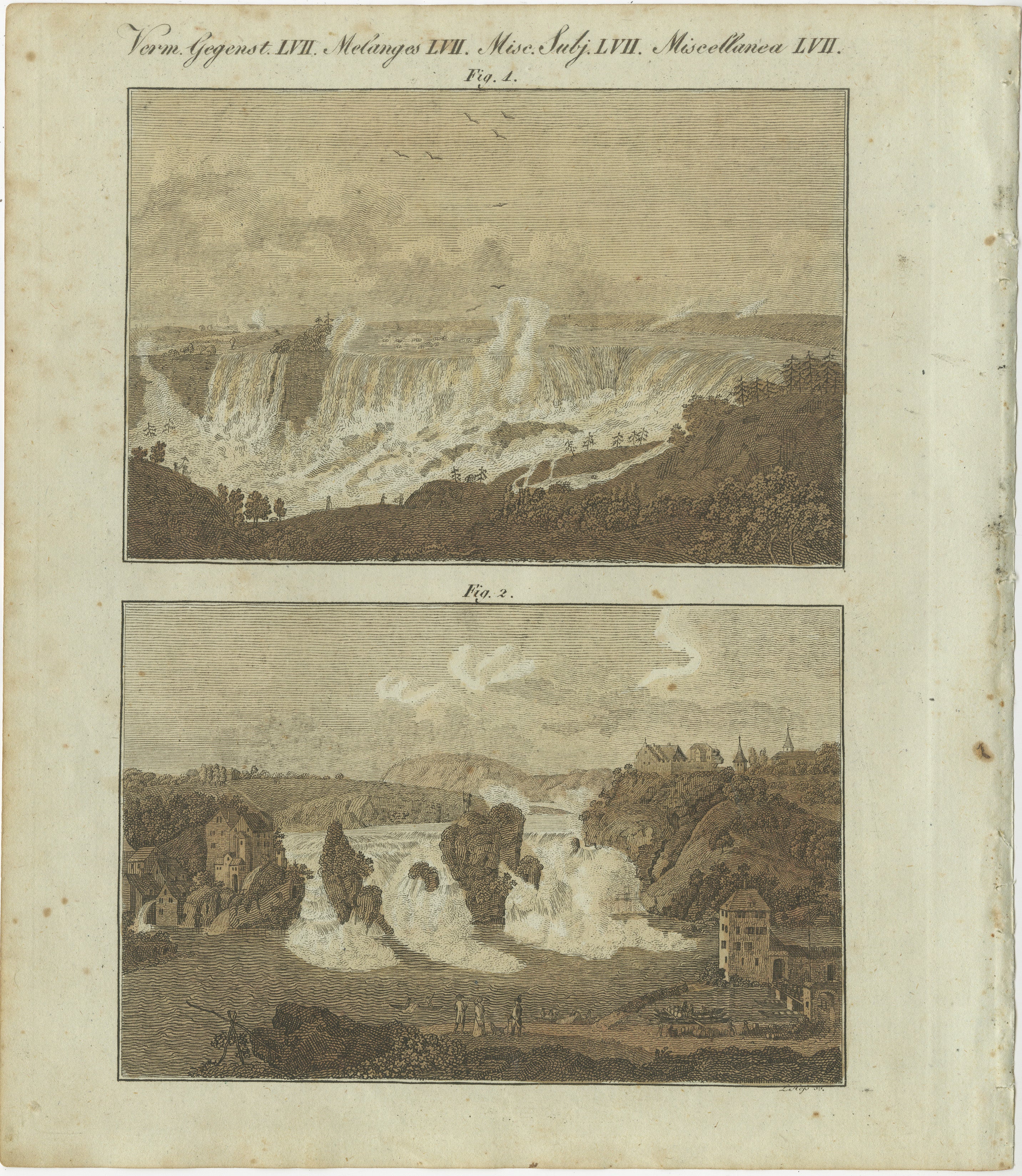 Titel: Majestätische Wasserfälle: Die Niagarafälle und der Rheinfall in handkolorierten Stichen des 19. Jahrhunderts aus Bertuchs Bilderbuch für Kinder  

Beschreibung:  
Dieser fesselnde handkolorierte Kupferstich zeigt zwei der berühmtesten