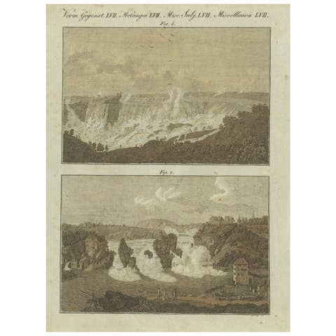 Majestic Waterfalls: Niagara Falls and Rhine Falls in 19th-Century Engraving