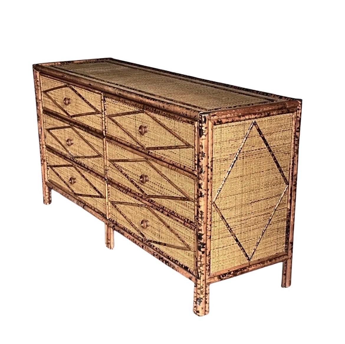 Majestic Weathered Vintage Cane Tortoiseshell 6 Drawer Commode, Pair Available For Sale 4