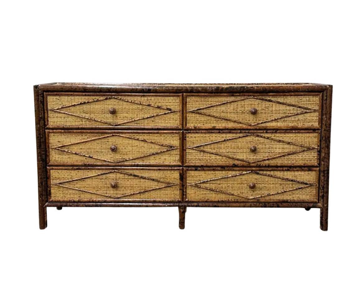 Organic Modern Majestic Weathered Vintage Cane Tortoiseshell 6 Drawer Commode, Pair Available For Sale