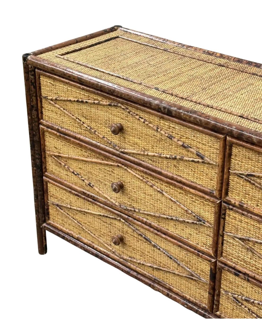 Unknown Majestic Weathered Vintage Cane Tortoiseshell 6 Drawer Commode, Pair Available For Sale