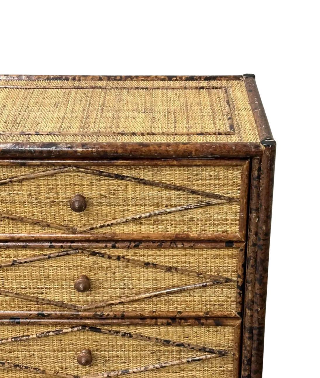 Majestic Weathered Vintage Cane Tortoiseshell 6 Drawer Commode, Pair Available In Excellent Condition For Sale In Atlanta, GA