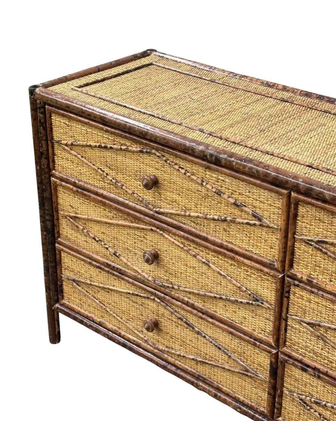 Late 20th Century Majestic Weathered Vintage Cane Tortoiseshell 6 Drawer Commode, Pair Available For Sale