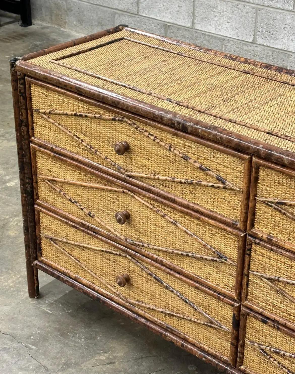 Majestic Weathered Vintage Cane Tortoiseshell 6 Drawer Commode, Pair Available For Sale 1