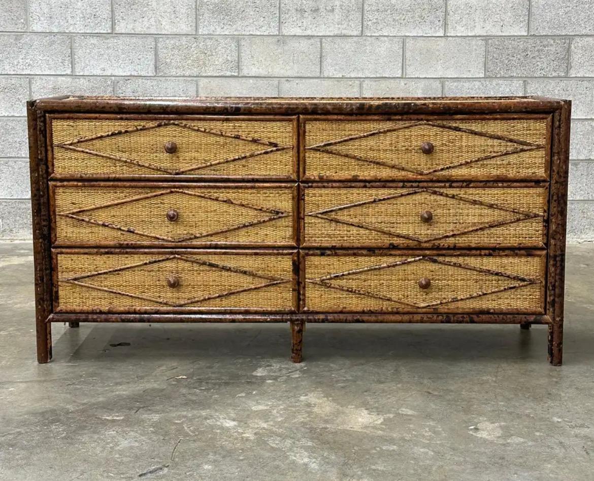Majestic Weathered Vintage Cane Tortoiseshell 6 Drawer Commode, Pair Available For Sale 2