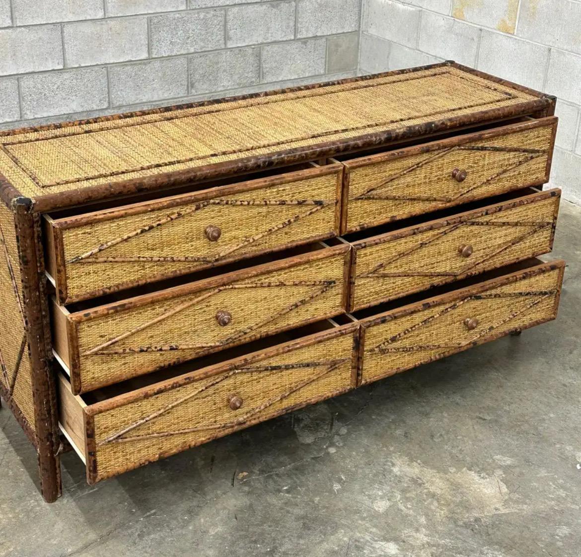 Majestic Weathered Vintage Cane Tortoiseshell 6 Drawer Commode, Pair Available For Sale 3