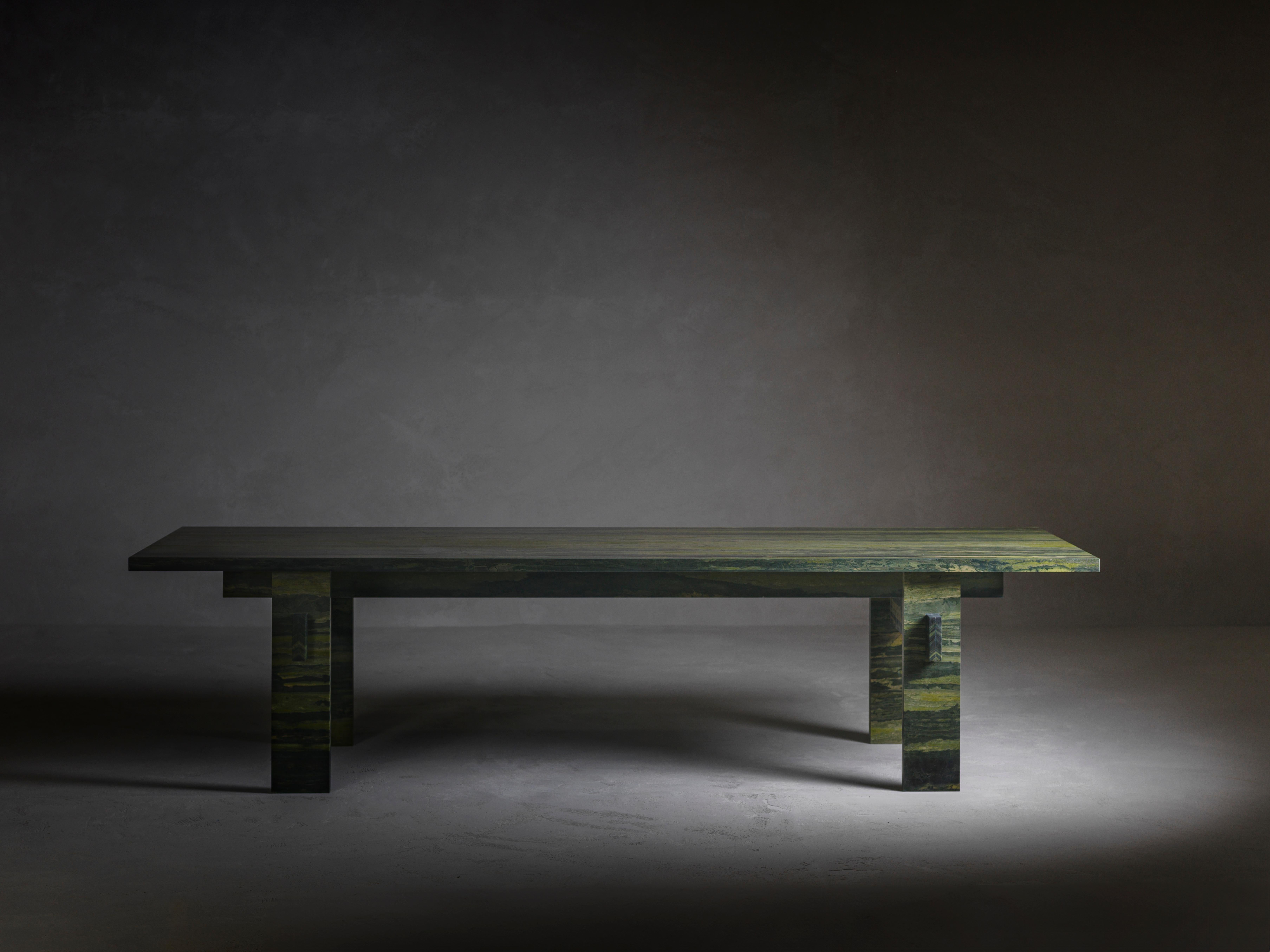 Majesty Dining Table by Kreoo 
Designed by Christophe Pillet
Dimensions: D 100 x W 300 x H 74 cm.
Materials: Verde Bamboo marble.

Available in different marble and travertine options. Please contact us.

Majestic, impressive, sculptural. Majesty