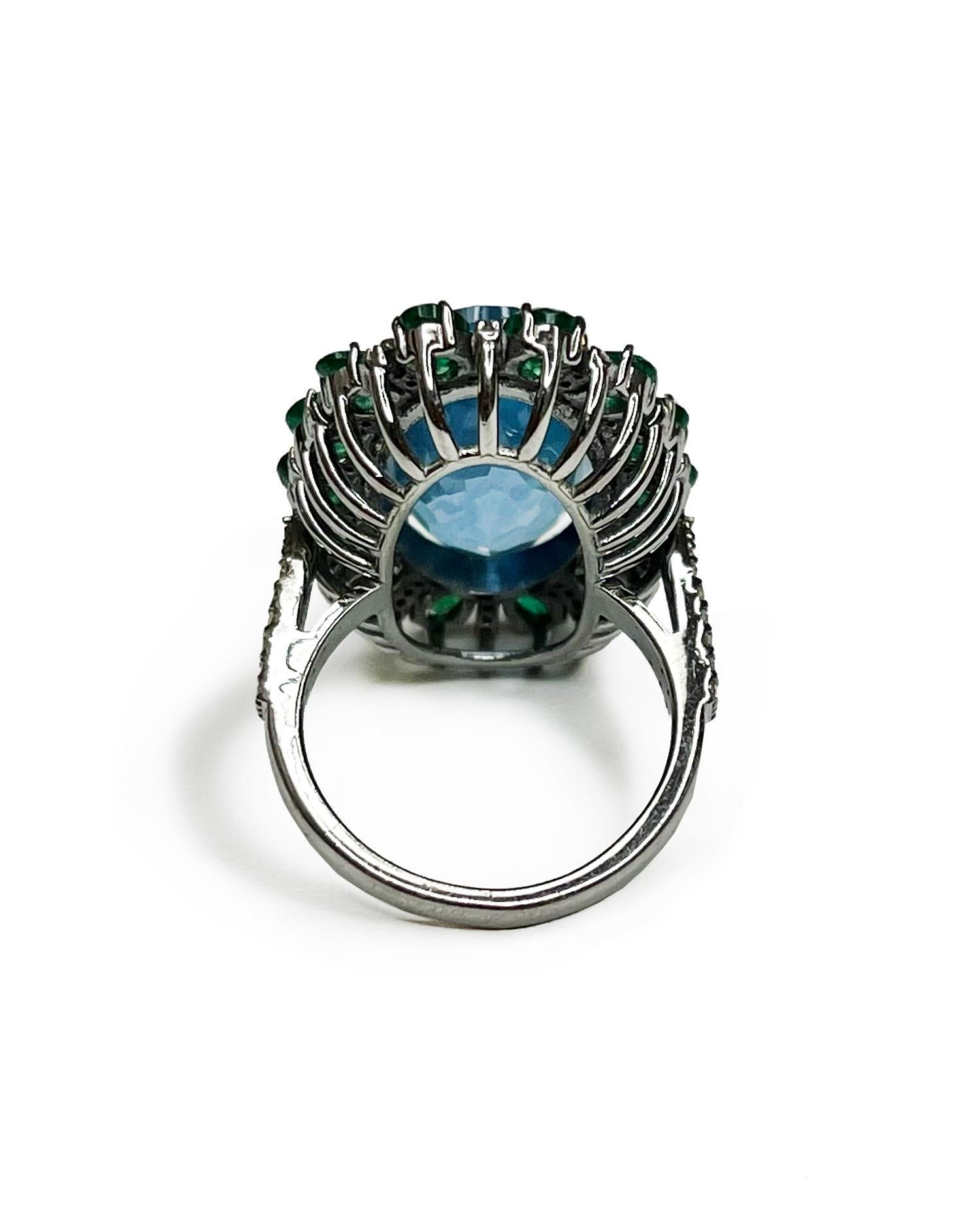 Oval Cut Majesty Ring in 14k White Gold, Aquamarine, Emerald and White Diamonds