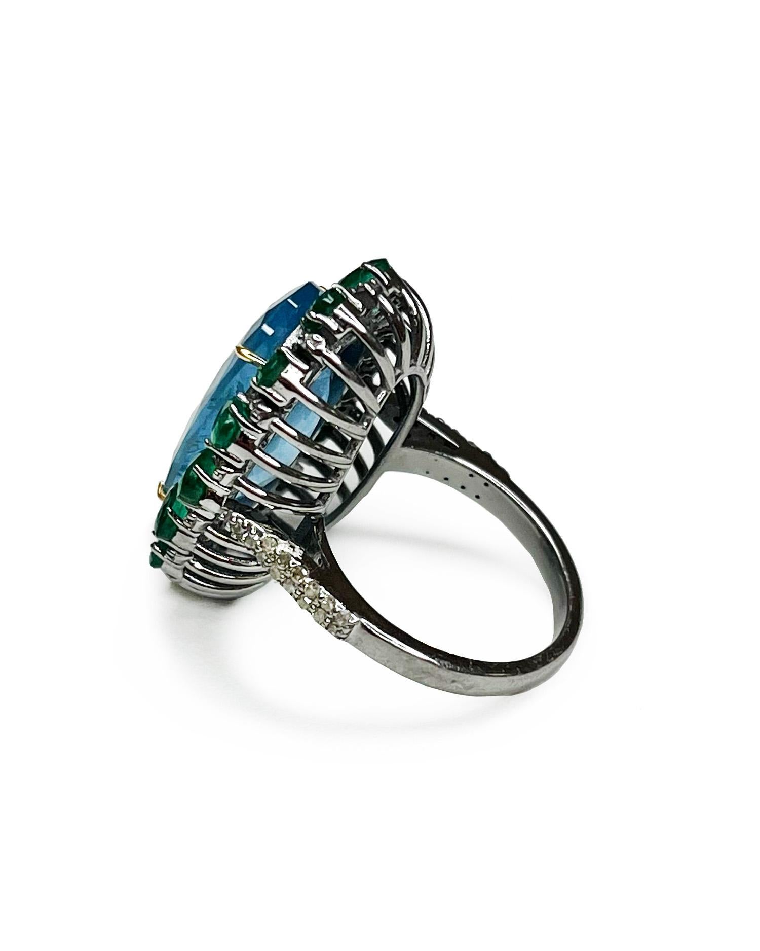 Women's Majesty Ring in 14k White Gold, Aquamarine, Emerald and White Diamonds