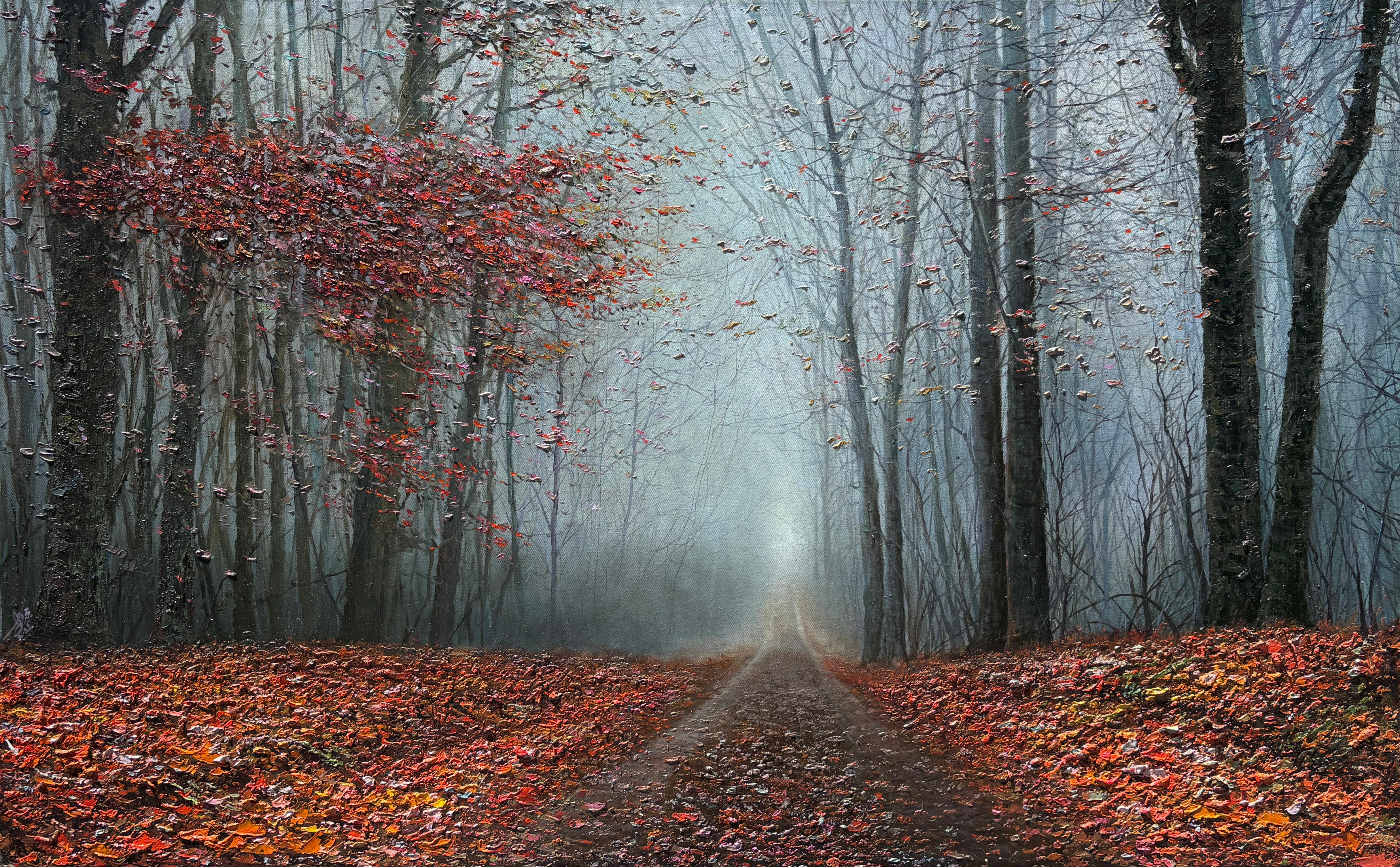 Majid Javadi Landscape Painting - "Autumn in Toronto II", Textured Photorealist Landscape, Trees and Fallen Leaves