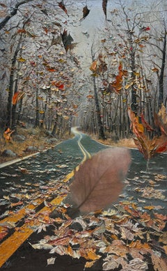 "Autumn in Toronto", Photorealist Landscape with Textured Leaves, Oil on Canvas