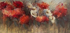 "Spring Morning", Photorealism Floral Painting, Blooming Red and White Flowers