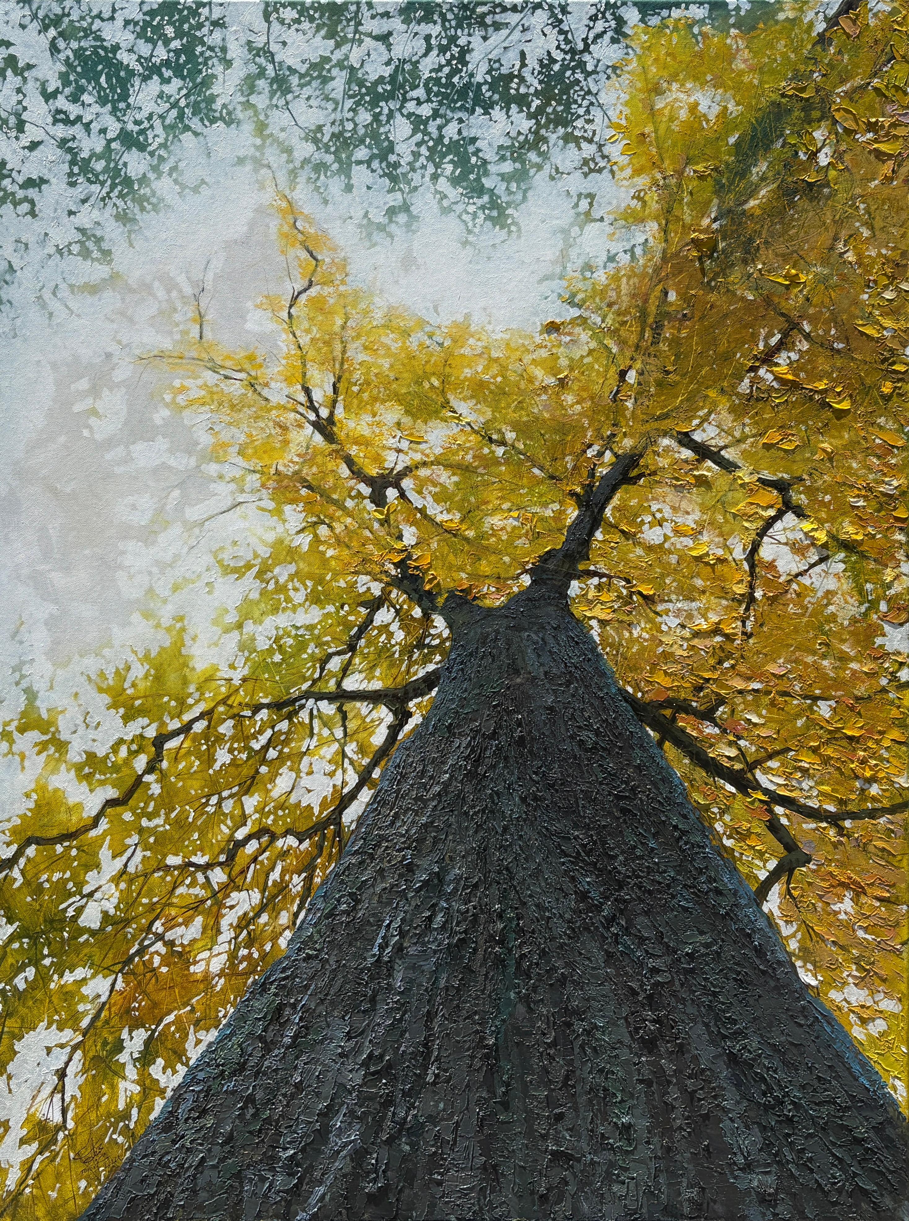 "Toronto", fotorealistische Waldmalerei, texturiertes Öl-Impasto, großer gelber Baum
