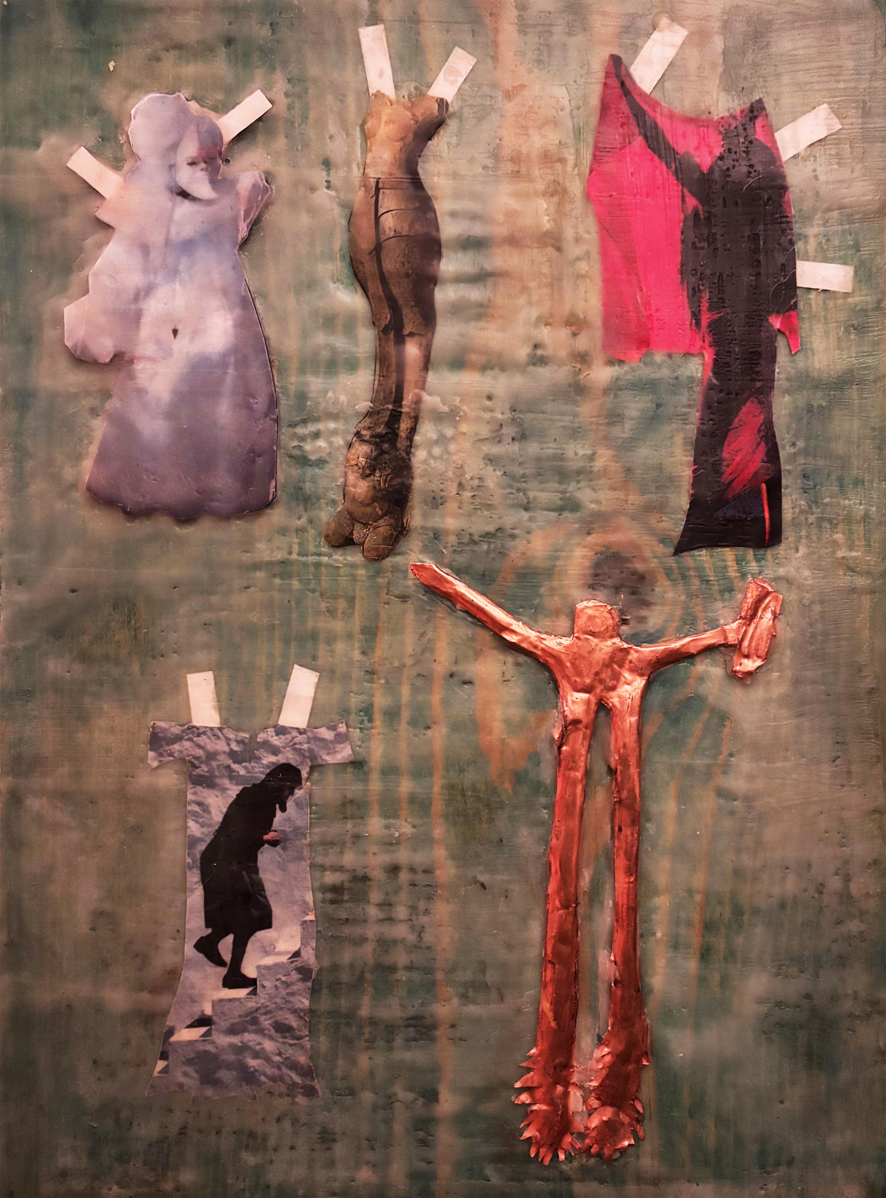 #1 Encaustic Copper Petroglyph Series with Paper Doll Outfits on wood