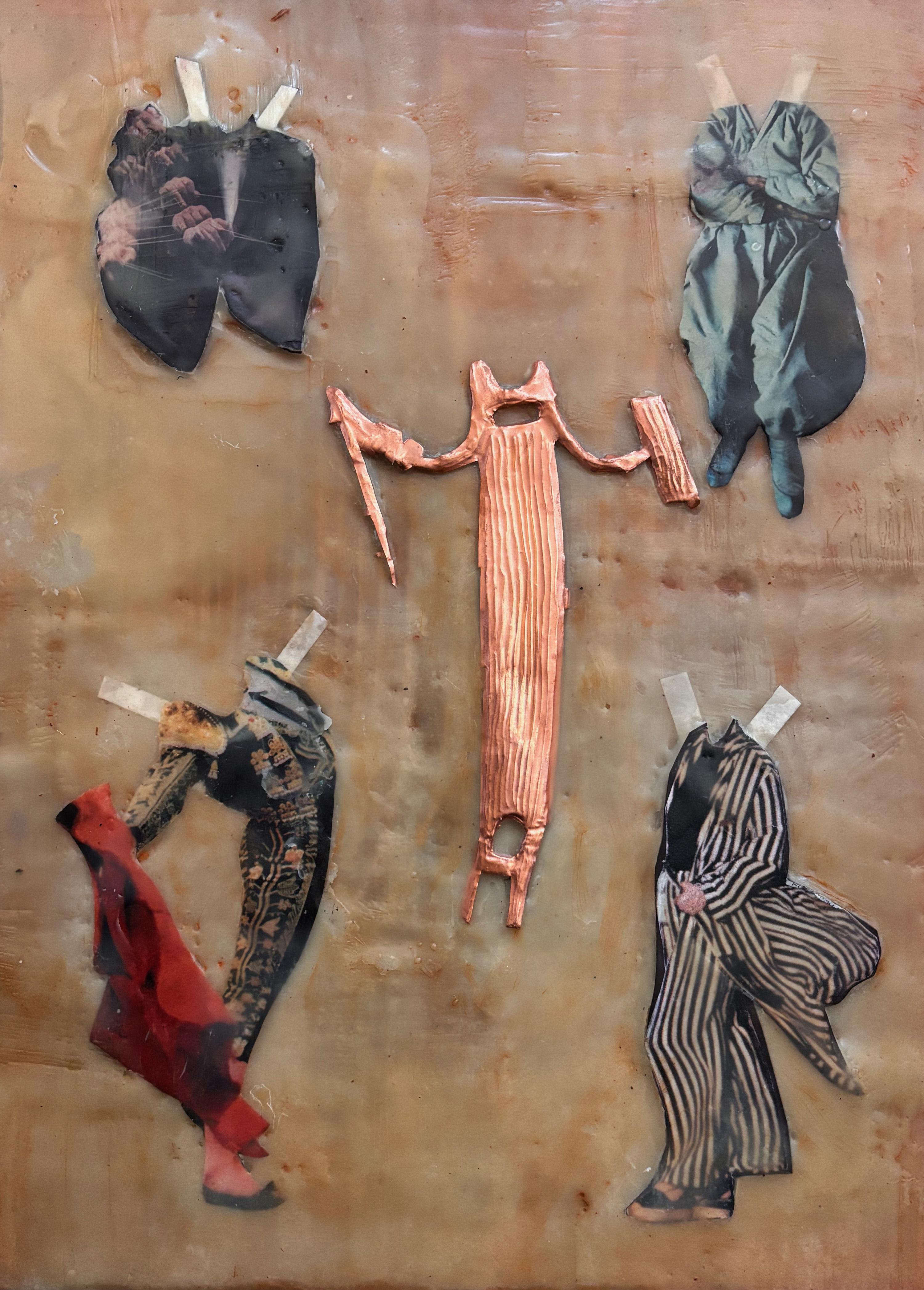 #4 Encaustic Copper Petroglyph Series with Paper Doll Outfits on wood - Mixed Media Art by Majio