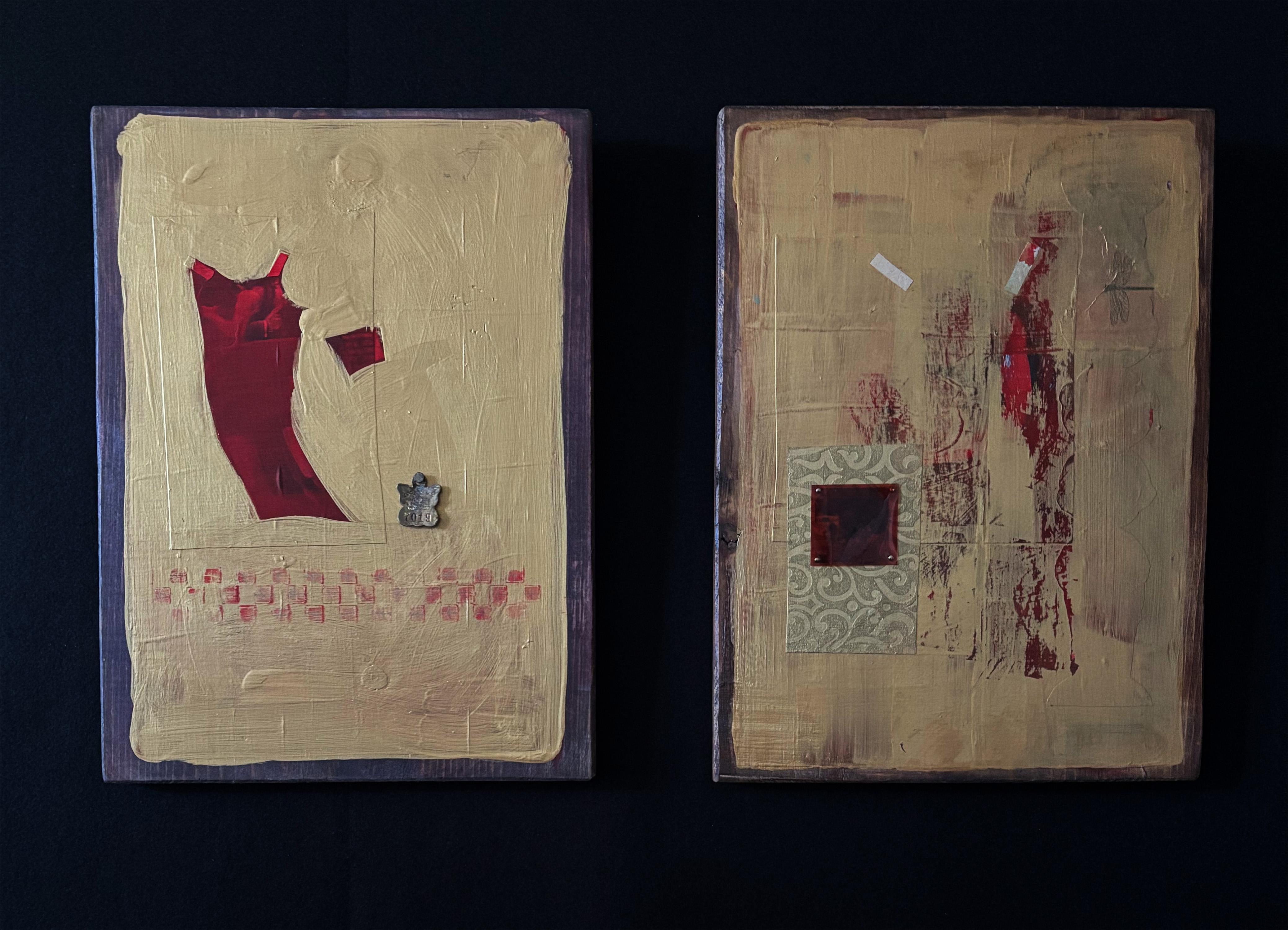 Diptych Tango Paper Doll with Dog's Tag-acrylic paint, paper, found objects