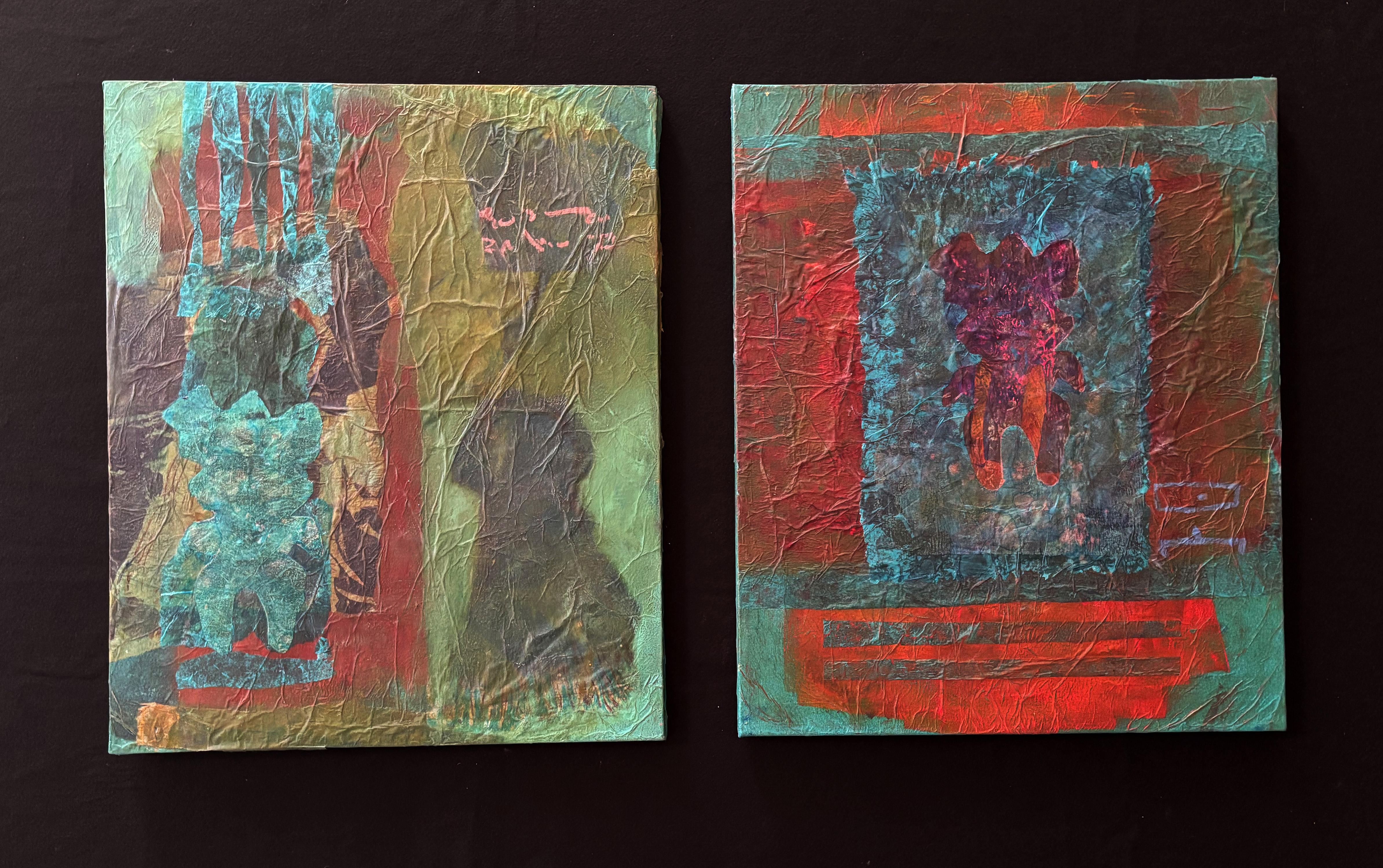 Diptych Tyme Before Time Cold wax, monoprints, oil stick on canvas