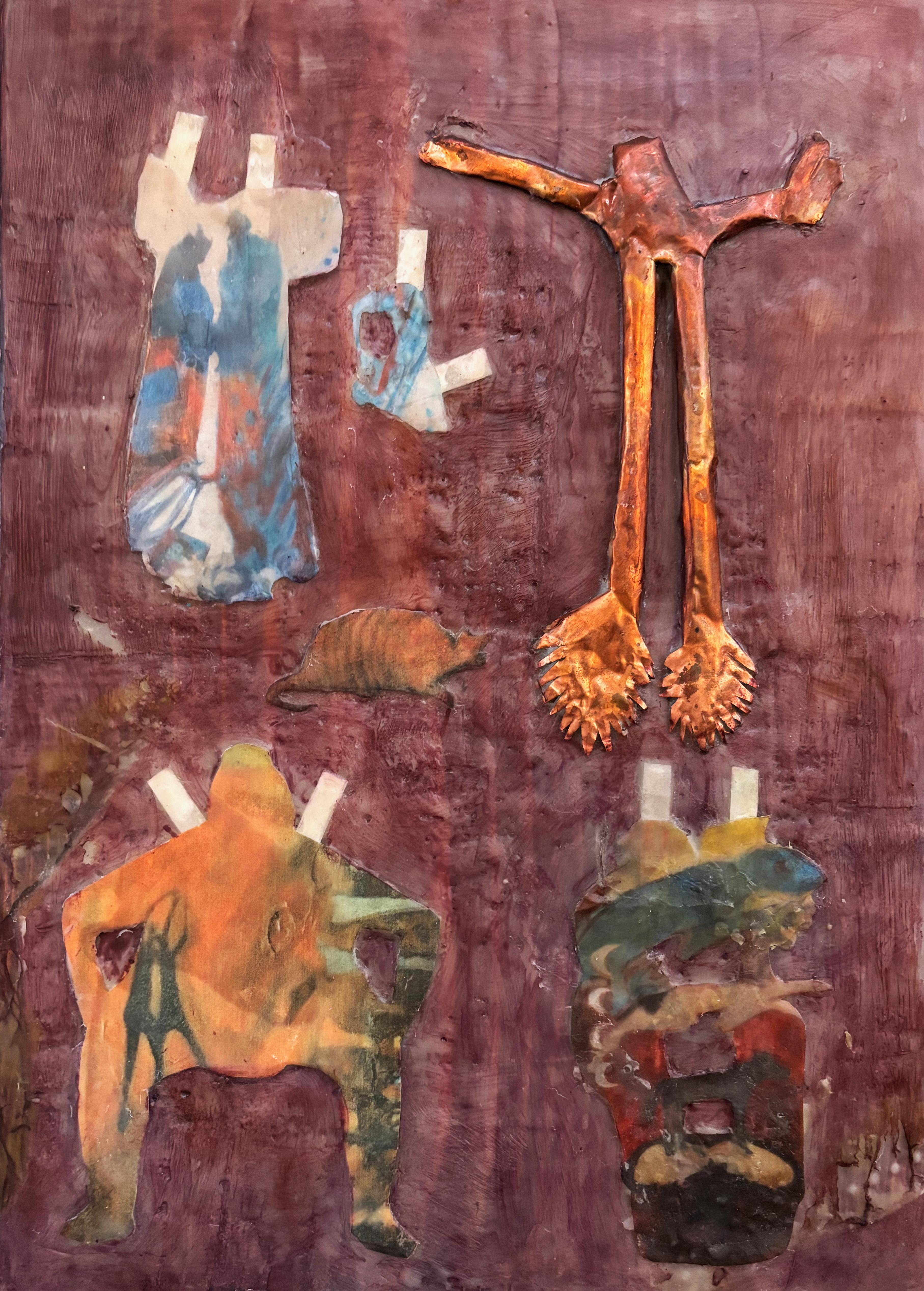 #2 Encaustic Copper Petroglyph Series with Paper Doll Outfits on wood- - Mixed Media Art by Majio