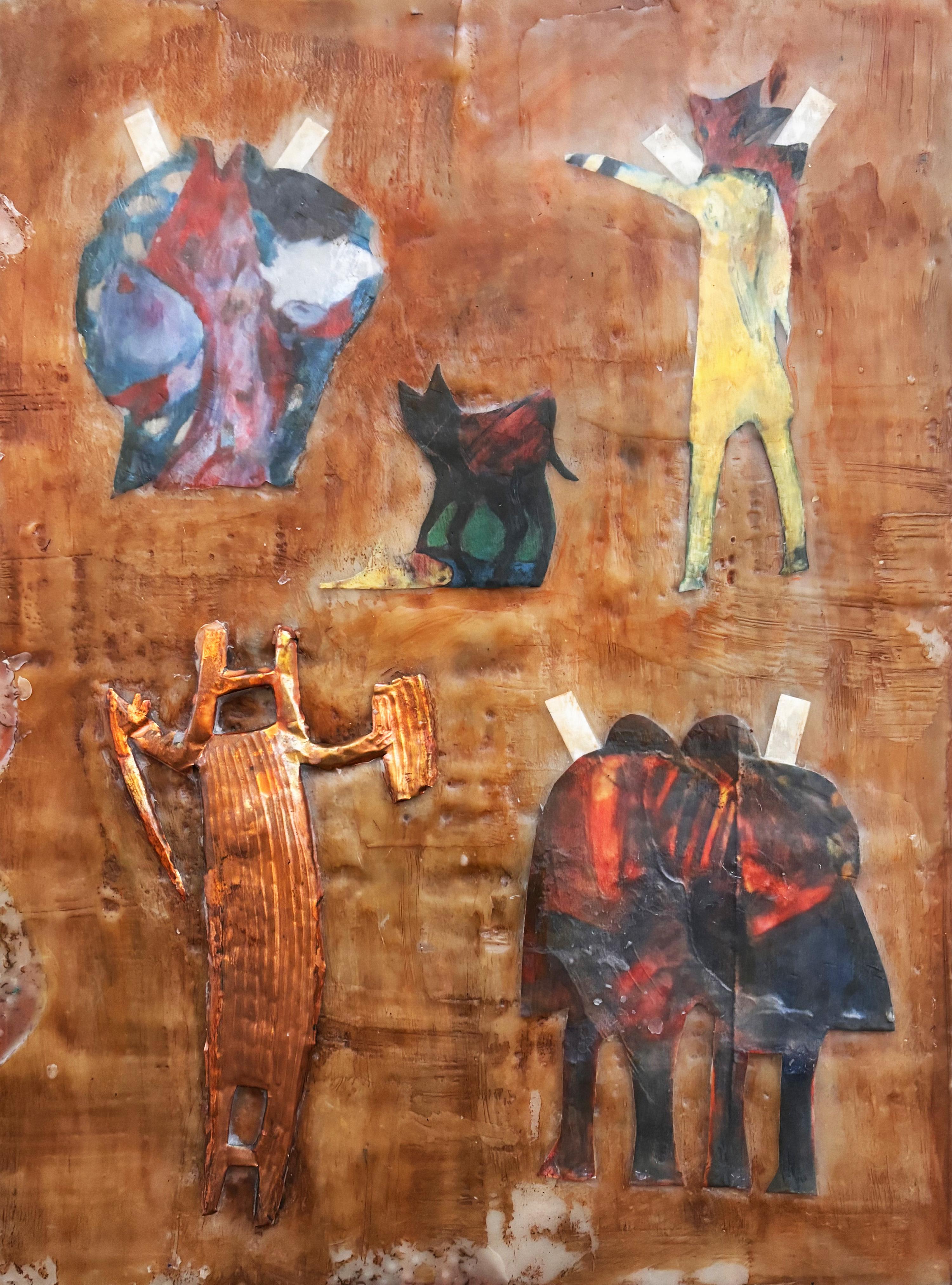 #3 Encaustic Copper Petroglyph Series with Paper Doll Outfits on wood- - Mixed Media Art by Majio