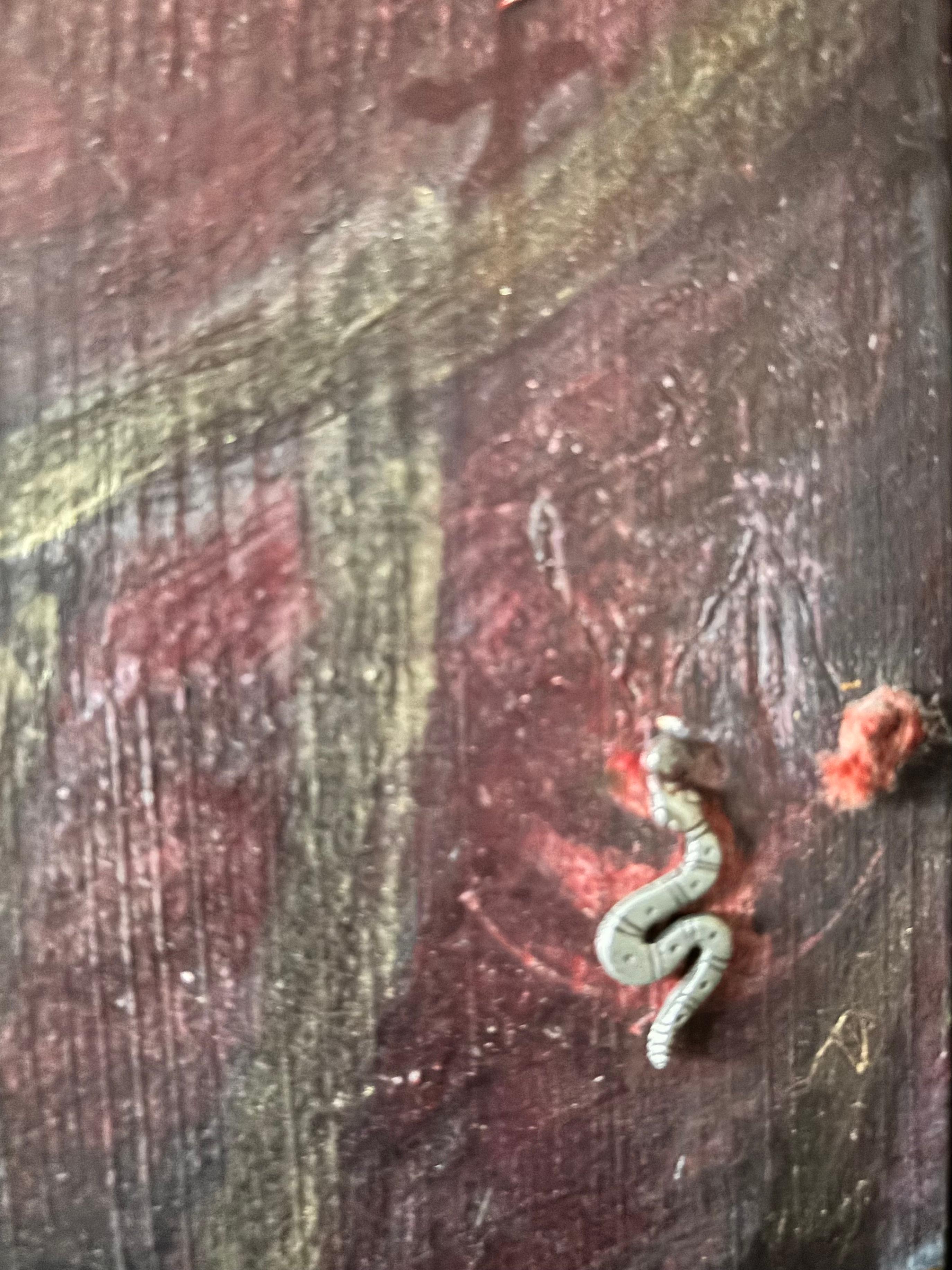 Patinaed copper frog reaches the end of a long suspension bridge. Transformation indeed is often facilitated by connecting an expanse presenting a until now unconceivable.

These mixed media pieces with found objects on wood and canvas initiate an