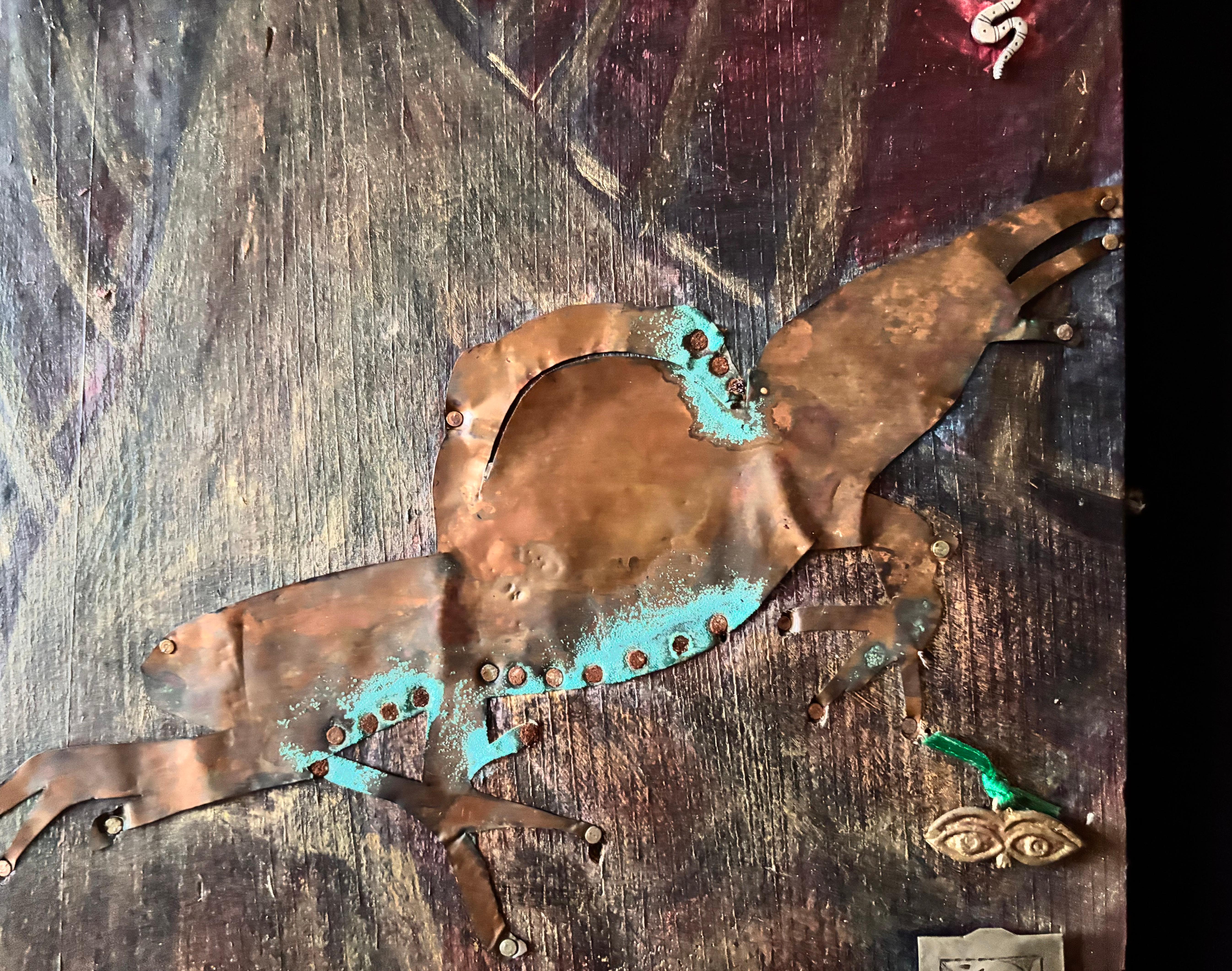 Mix-media Series: Frog at the Bridge-acrylic paint, copper, found objects, wood For Sale 1