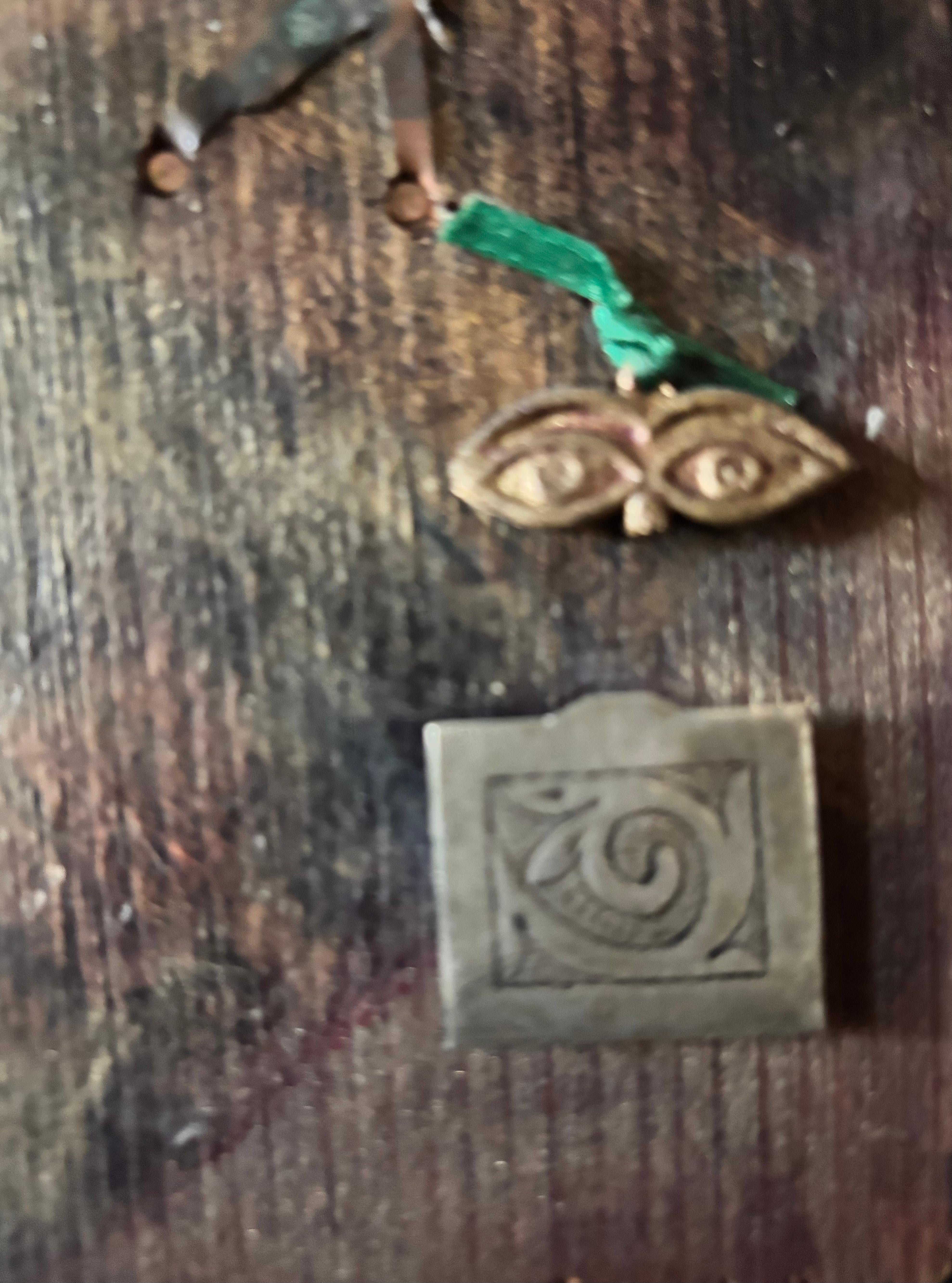 Mix-media Series: Frog at the Bridge-acrylic paint, copper, found objects, wood For Sale 2